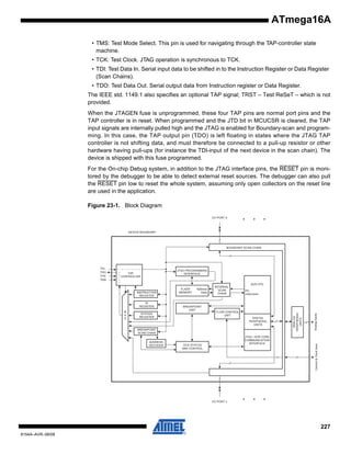 ATmega16A
• TMS: Test Mode Select. This pin is used for navigating through the TAP-controller state
machine.
• TCK: Test Clock. JTAG operation is synchronous to TCK.
• TDI: Test Data In. Serial input data to be shifted in to the Instruction Register or Data Register
(Scan Chains).
• TDO: Test Data Out. Serial output data from Instruction register or Data Register.
The IEEE std. 1149.1 also specifies an optional TAP signal; TRST – Test ReSeT – which is not
provided.
When the JTAGEN fuse is unprogrammed, these four TAP pins are normal port pins and the
TAP controller is in reset. When programmed and the JTD bit in MCUCSR is cleared, the TAP
input signals are internally pulled high and the JTAG is enabled for Boundary-scan and programming. In this case, the TAP output pin (TDO) is left floating in states where the JTAG TAP
controller is not shifting data, and must therefore be connected to a pull-up resistor or other
hardware having pull-ups (for instance the TDI-input of the next device in the scan chain). The
device is shipped with this fuse programmed.
For the On-chip Debug system, in addition to the JTAG interface pins, the RESET pin is monitored by the debugger to be able to detect external reset sources. The debugger can also pull
the RESET pin low to reset the whole system, assuming only open collectors on the reset line
are used in the application.
Figure 23-1. Block Diagram
I/O PORT 0

DEVICE BOUNDARY

BOUNDARY SCAN CHAIN

TDI
TDO
TCK
TMS

JTAG PROGRAMMING
INTERFACE

TAP
CONTROLLER

AVR CPU

BREAKPOINT
UNIT

BYPASS
REGISTER

INTERNAL
SCAN
CHAIN

PC
Instruction

FLOW CONTROL
UNIT
DIGITAL
PERIPHERAL
UNITS

BREAKPOINT
SCAN CHAIN
ADDRESS
DECODER

JTAG / AVR CORE
COMMUNICATION
INTERFACE

OCD STATUS
AND CONTROL

Analog inputs

M
U
X

Address
Data

Control & Clock lines

ID
REGISTER

FLASH
MEMORY

ANALOG
PERIPHERIAL
UNITS

INSTRUCTION
REGISTER

I/O PORT n

227
8154A–AVR–06/08

 