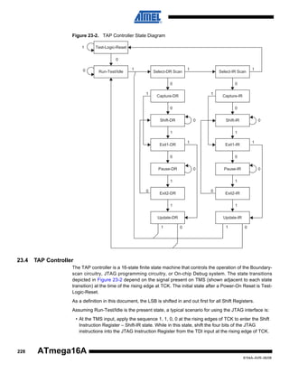 Figure 23-2. TAP Controller State Diagram
1

Test-Logic-Reset
0

0

Run-Test/Idle

1

Select-DR Scan

1

Select-IR Scan
0

0
1

1

Capture-DR

Capture-IR
0

0
Shift-DR

Shift-IR

0

1

Exit1-DR

0

Pause-DR

0

0

Pause-IR
1

1
0

Exit2-DR

Exit2-IR
1

1
Update-DR

23.4

1

Exit1-IR

0

1

0

1

1

0

1

Update-IR
0

1

0

TAP Controller
The TAP controller is a 16-state finite state machine that controls the operation of the Boundaryscan circuitry, JTAG programming circuitry, or On-chip Debug system. The state transitions
depicted in Figure 23-2 depend on the signal present on TMS (shown adjacent to each state
transition) at the time of the rising edge at TCK. The initial state after a Power-On Reset is TestLogic-Reset.
As a definition in this document, the LSB is shifted in and out first for all Shift Registers.
Assuming Run-Test/Idle is the present state, a typical scenario for using the JTAG interface is:
• At the TMS input, apply the sequence 1, 1, 0, 0 at the rising edges of TCK to enter the Shift
Instruction Register – Shift-IR state. While in this state, shift the four bits of the JTAG
instructions into the JTAG Instruction Register from the TDI input at the rising edge of TCK.

228

ATmega16A
8154A–AVR–06/08

 