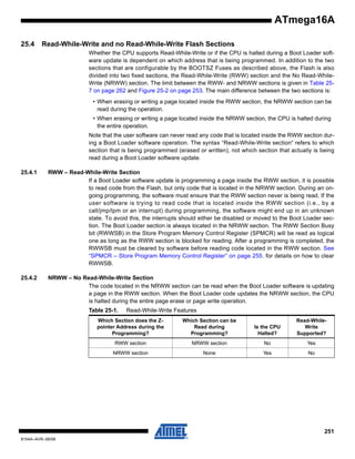 ATmega16A
25.4

Read-While-Write and no Read-While-Write Flash Sections
Whether the CPU supports Read-While-Write or if the CPU is halted during a Boot Loader software update is dependent on which address that is being programmed. In addition to the two
sections that are configurable by the BOOTSZ Fuses as described above, the Flash is also
divided into two fixed sections, the Read-While-Write (RWW) section and the No Read-WhileWrite (NRWW) section. The limit between the RWW- and NRWW sections is given in Table 257 on page 262 and Figure 25-2 on page 253. The main difference between the two sections is:
• When erasing or writing a page located inside the RWW section, the NRWW section can be
read during the operation.
• When erasing or writing a page located inside the NRWW section, the CPU is halted during
the entire operation.
Note that the user software can never read any code that is located inside the RWW section during a Boot Loader software operation. The syntax “Read-While-Write section” refers to which
section that is being programmed (erased or written), not which section that actually is being
read during a Boot Loader software update.

25.4.1

RWW – Read-While-Write Section
If a Boot Loader software update is programming a page inside the RWW section, it is possible
to read code from the Flash, but only code that is located in the NRWW section. During an ongoing programming, the software must ensure that the RWW section never is being read. If the
user software is trying to read code that is located inside the RWW section (i.e., by a
call/jmp/lpm or an interrupt) during programming, the software might end up in an unknown
state. To avoid this, the interrupts should either be disabled or moved to the Boot Loader section. The Boot Loader section is always located in the NRWW section. The RWW Section Busy
bit (RWWSB) in the Store Program Memory Control Register (SPMCR) will be read as logical
one as long as the RWW section is blocked for reading. After a programming is completed, the
RWWSB must be cleared by software before reading code located in the RWW section. See
“SPMCR – Store Program Memory Control Register” on page 255. for details on how to clear
RWWSB.

25.4.2

NRWW – No Read-While-Write Section
The code located in the NRWW section can be read when the Boot Loader software is updating
a page in the RWW section. When the Boot Loader code updates the NRWW section, the CPU
is halted during the entire page erase or page write operation.
Table 25-1.

Read-While-Write Features

Which Section does the Zpointer Address during the
Programming?

Which Section can be
Read during
Programming?

Is the CPU
Halted?

Read-WhileWrite
Supported?

RWW section

NRWW section

No

Yes

NRWW section

None

Yes

No

251
8154A–AVR–06/08

 