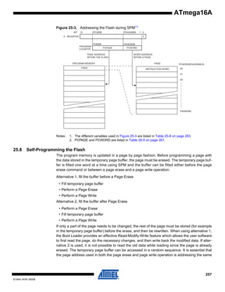ATmega16A
Figure 25-3. Addressing the Flash during SPM(1)
BIT

15

ZPCMSB

ZPAGEMSB

Z - REGISTER

1 0
0

PCMSB
PROGRAM
COUNTER

PAGEMSB
PCPAGE

PCWORD

PAGE ADDRESS
WITHIN THE FLASH

WORD ADDRESS
WITHIN A PAGE

PROGRAM MEMORY
PAGE

PAGE
INSTRUCTION WORD

PCWORD[PAGEMSB:0]:
00
01
02

PAGEEND

Notes:

25.8

1. The different variables used in Figure 25-3 are listed in Table 25-8 on page 263.
2. PCPAGE and PCWORD are listed in Table 26-5 on page 267.

Self-Programming the Flash
The program memory is updated in a page by page fashion. Before programming a page with
the data stored in the temporary page buffer, the page must be erased. The temporary page buffer is filled one word at a time using SPM and the buffer can be filled either before the page
erase command or between a page erase and a page write operation:
Alternative 1, fill the buffer before a Page Erase
• Fill temporary page buffer
• Perform a Page Erase
• Perform a Page Write
Alternative 2, fill the buffer after Page Erase
• Perform a Page Erase
• Fill temporary page buffer
• Perform a Page Write
If only a part of the page needs to be changed, the rest of the page must be stored (for example
in the temporary page buffer) before the erase, and then be rewritten. When using alternative 1,
the Boot Loader provides an effective Read-Modify-Write feature which allows the user software
to first read the page, do the necessary changes, and then write back the modified data. If alternative 2 is used, it is not possible to read the old data while loading since the page is already
erased. The temporary page buffer can be accessed in a random sequence. It is essential that
the page address used in both the page erase and page write operation is addressing the same

257
8154A–AVR–06/08

 