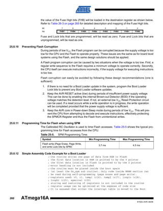 the value of the Fuse High bits (FHB) will be loaded in the destination register as shown below.
Refer to Table 26-3 on page 265 for detailed description and mapping of the Fuse High bits.
Bit

7

6

5

4

3

2

1

0

Rd

FHB7

FHB6

FHB5

FHB4

FHB3

FHB2

FHB1

FHB0

Fuse and Lock bits that are programmed, will be read as zero. Fuse and Lock bits that are
unprogrammed, will be read as one.
25.8.10

Preventing Flash Corruption
During periods of low VCC, the Flash program can be corrupted because the supply voltage is too
low for the CPU and the Flash to operate properly. These issues are the same as for board level
systems using the Flash, and the same design solutions should be applied.
A Flash program corruption can be caused by two situations when the voltage is too low. First, a
regular write sequence to the Flash requires a minimum voltage to operate correctly. Secondly,
the CPU itself can execute instructions incorrectly, if the supply voltage for executing instructions
is too low.
Flash corruption can easily be avoided by following these design recommendations (one is
sufficient):
1. If there is no need for a Boot Loader update in the system, program the Boot Loader
Lock bits to prevent any Boot Loader software updates.
2. Keep the AVR RESET active (low) during periods of insufficient power supply voltage.
This can be done by enabling the internal Brown-out Detector (BOD) if the operating
voltage matches the detection level. If not, an external low VCC Reset Protection circuit
can be used. If a reset occurs while a write operation is in progress, the write operation
will be completed provided that the power supply voltage is sufficient.
3. Keep the AVR core in Power-down Sleep mode during periods of low VCC. This will prevent the CPU from attempting to decode and execute instructions, effectively protecting
the SPMCR Register and thus the Flash from unintentional writes.

25.8.11

Programming Time for Flash when using SPM
The Calibrated RC Oscillator is used to time Flash accesses. Table 25-5 shows the typical programming time for Flash accesses from the CPU.
Table 25-5.

SPM Programming Time.

Symbol
Flash write (Page Erase, Page Write,
and write Lock bits by SPM)

25.8.12

Min Programming Time

Max Programming Time

3.7 ms

4.5 ms

Simple Assembly Code Example for a Boot Loader
;-the routine writes one page of data from RAM to Flash
; the first data location in RAM is pointed to by the Y pointer
; the first data location in Flash is pointed to by the Z pointer
;-error handling is not included
;-the routine must be placed inside the boot space
; (at least the Do_spm sub routine). Only code inside NRWW section can
; be read during self-programming (page erase and page write).
;-registers used: r0, r1, temp1 (r16), temp2 (r17), looplo (r24),
; loophi (r25), spmcrval (r20)
; storing and restoring of registers is not included in the routine
; register usage can be optimized at the expense of code size
;-It is assumed that either the interrupt table is moved to the Boot

260

ATmega16A
8154A–AVR–06/08

 