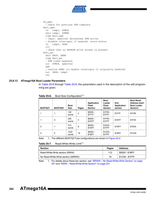 Do_spm:
; check for previous SPM complete
Wait_spm:
in
temp1, SPMCR
sbrc temp1, SPMEN
rjmp Wait_spm
; input: spmcrval determines SPM action
; disable interrupts if enabled, store status
in
temp2, SREG
cli
; check that no EEPROM write access is present
Wait_ee:
sbic EECR, EEWE
rjmp Wait_ee
; SPM timed sequence
out SPMCR, spmcrval
spm
; restore SREG (to enable interrupts if originally enabled)
out SREG, temp2
ret

25.8.13

ATmega16A Boot Loader Parameters
In Table 25-6 through Table 25-8, the parameters used in the description of the self programming are given.
Table 25-6.

Boot Size Configuration(1)

Boot
Size

Boot
Loader
Flash
Section

End
Application
section

Boot Reset
Address (start
Boot Loader
Section)

BOOTSZ1

BOOTSZ0

1

1

128
words

2

$0000 $1F7F

$1F80 $1FFF

$1F7F

$1F80

1

0

256
words

4

$0000 $1EFF

$1F00 $1FFF

$1EFF

$1F00

0

1

512
words

8

$0000 $1DFF

$1E00 $1FFF

$1DFF

$1E00

0

0

1024
words

16

$0000 $1BFF

$1C00 $1FFF

$1BFF

$1C00

Note:

Pages

Application
Flash
Section

1. The different BOOTSZ Fuse configurations are shown in Figure 25-2

Table 25-7.

Read-While-Write Limit(1)

Section

Pages

Address

Read-While-Write section (RWW)

112

$0000 - $1BFF

No Read-While-Write section (NRWW)

16

$1C00 - $1FFF

Note:

262

1. For details about these two section, see “NRWW – No Read-While-Write Section” on page
251 and “RWW – Read-While-Write Section” on page 251

ATmega16A
8154A–AVR–06/08

 