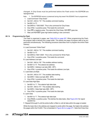 changed. A Chip Erase must be performed before the Flash and/or the EEPROM are
reprogrammed.
Note:

1. The EEPRPOM memory is preserved during chip erase if the EESAVE Fuse is programmed.

1. Load Command “Chip Erase”
2. Set XA1, XA0 to “10”. This enables command loading.
3. Set BS1 to “0”.
4. Set DATA to “1000 0000”. This is the command for Chip Erase.
5. Give XTAL1 a positive pulse. This loads the command.
6. Give WR a negative pulse. This starts the Chip Erase. RDY/BSY goes low.
7. Wait until RDY/BSY goes high before loading a new command.
26.7.4

Programming the Flash
The Flash is organized in pages, see Table 26-5 on page 267. When programming the Flash,
the program data is latched into a page buffer. This allows one page of program data to be programmed simultaneously. The following procedure describes how to program the entire Flash
memory:
A. Load Command “Write Flash”
1. Set XA1, XA0 to “10”. This enables command loading.
2. Set BS1 to “0”.
3. Set DATA to “0001 0000”. This is the command for Write Flash.
4. Give XTAL1 a positive pulse. This loads the command.
B. Load Address Low byte
1. Set XA1, XA0 to “00”. This enables address loading.
2. Set BS1 to “0”. This selects low address.
3. Set DATA = Address Low byte ($00 - $FF).
4. Give XTAL1 a positive pulse. This loads the address Low byte.
C. Load Data Low Byte
1. Set XA1, XA0 to “01”. This enables data loading.
2. Set DATA = Data Low byte ($00 - $FF).
3. Give XTAL1 a positive pulse. This loads the data byte.
D. Load Data High Byte
1. Set BS1 to “1”. This selects high data byte.
2. Set XA1, XA0 to “01”. This enables data loading.
3. Set DATA = Data High byte ($00 - $FF).
4. Give XTAL1 a positive pulse. This loads the data byte.
E. Latch Data
1. Set BS1 to “1”. This selects high data byte.
2. Give PAGEL a positive pulse. This latches the data bytes. (See Figure 26-3 for signal
waveforms)
F. Repeat B through E until the entire buffer is filled or until all data within the page is loaded.
While the lower bits in the address are mapped to words within the page, the higher bits address
the pages within the FLASH. This is illustrated in Figure 26-2 on page 271. Note that if less than

270

ATmega16A
8154A–AVR–06/08

 