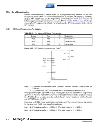 26.8

Serial Downloading
Both the Flash and EEPROM memory arrays can be programmed using the serial SPI bus while
RESET is pulled to GND. The serial interface consists of pins SCK, MOSI (input), and MISO
(output). After RESET is set low, the Programming Enable instruction needs to be executed first
before program/erase operations can be executed. NOTE, in Table 26-11 on page 276, the pin
mapping for SPI programming is listed. Not all parts use the SPI pins dedicated for the internal
SPI interface.

26.8.1

SPI Serial Programming Pin Mapping
Table 26-11. Pin Mapping SPI Serial Programming
Symbol

Pins

I/O

Description

MOSI

PB5

I

Serial Data in

MISO

PB6

O

Serial Data out

SCK

PB7

I

Serial Clock

Figure 26-7. SPI Serial Programming and Verify(1)
+2.7 - 5.5V
VCC
+2.7 - 5.5V(2)
MOSI

PB5

MISO

PB6

SCK

PB7

AVCC

XTAL1

RESET

GND

Notes:

1. If the device is clocked by the Internal Oscillator, it is no need to connect a clock source to the
XTAL1 pin.
2. VCC -0.3V < AVCC < VCC +0.3V, however, AVCC should always be within 2.7 - 5.5V

When programming the EEPROM, an auto-erase cycle is built into the self-timed programming
operation (in the serial mode ONLY) and there is no need to first execute the Chip Erase instruction. The Chip Erase operation turns the content of every memory location in both the Program
and EEPROM arrays into $FF.
Depending on CKSEL Fuses, a valid clock must be present. The minimum low and high periods
for the serial clock (SCK) input are defined as follows:
Low: > 2 CPU clock cycles for fck < 12 MHz, 3 CPU clock cycles for fck ≥ 12 MHz
High: > 2 CPU clock cycles for fck < 12 MHz, 3 CPU clock cycles for fck ≥ 12 MHz

276

ATmega16A
8154A–AVR–06/08

 
