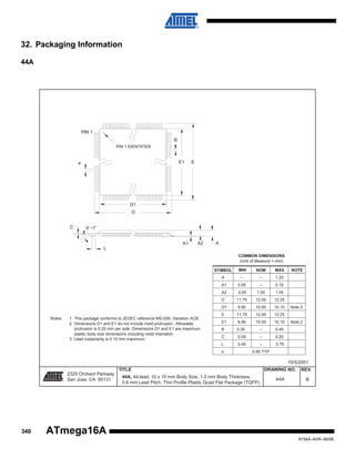 32. Packaging Information
44A

PIN 1
B
PIN 1 IDENTIFIER

E1

e

E

D1
D
C

0˚~7˚
A1

A2

A

L
COMMON DIMENSIONS
(Unit of Measure = mm)
SYMBOL

MAX

–

1.20

0.05

–

0.15

A2

0.95

1.00

1.05

D

11.75

12.00

12.25

D1

9.90

10.00

10.10

E

11.75

12.00

12.25

E1

9.90

10.00

10.10

B

0.30

–

0.45

C

0.09

–

0.20

L

1. This package conforms to JEDEC reference MS-026, Variation ACB.
2. Dimensions D1 and E1 do not include mold protrusion. Allowable
protrusion is 0.25 mm per side. Dimensions D1 and E1 are maximum
plastic body size dimensions including mold mismatch.
3. Lead coplanarity is 0.10 mm maximum.

NOM

–

A1

Notes:

MIN

A

0.45

–

0.75

e

NOTE

Note 2

Note 2

0.80 TYP

10/5/2001

R

340

2325 Orchard Parkway
San Jose, CA 95131

TITLE
44A, 44-lead, 10 x 10 mm Body Size, 1.0 mm Body Thickness,
0.8 mm Lead Pitch, Thin Profile Plastic Quad Flat Package (TQFP)

DRAWING NO.

REV.

44A

B

ATmega16A
8154A–AVR–06/08

 