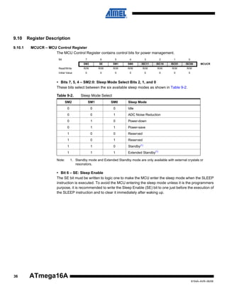 9.10
9.10.1

Register Description
MCUCR – MCU Control Register
The MCU Control Register contains control bits for power management.
Bit

7

6

5

4

3

2

1

0

SM2

SE

SM1

SM0

ISC11

ISC10

ISC01

ISC00

Read/Write

R/W

R/W

R/W

R/W

R/W

R/W

R/W

R/W

Initial Value

0

0

0

0

0

0

0

0

MCUCR

• Bits 7, 5, 4 – SM2:0: Sleep Mode Select Bits 2, 1, and 0
These bits select between the six available sleep modes as shown in Table 9-2.
Table 9-2.

Sleep Mode Select

SM2

SM1

SM0

0

0

0

Idle

0

0

1

ADC Noise Reduction

0

1

0

Power-down

0

1

1

Power-save

1

0

0

Reserved

1

0

1

Reserved

1

1

0

Standby(1)

1

1

1

Extended Standby(1)

Note:

Sleep Mode

1. Standby mode and Extended Standby mode are only available with external crystals or
resonators.

• Bit 6 – SE: Sleep Enable
The SE bit must be written to logic one to make the MCU enter the sleep mode when the SLEEP
instruction is executed. To avoid the MCU entering the sleep mode unless it is the programmers
purpose, it is recommended to write the Sleep Enable (SE) bit to one just before the execution of
the SLEEP instruction and to clear it immediately after waking up.

36

ATmega16A
8154A–AVR–06/08

 