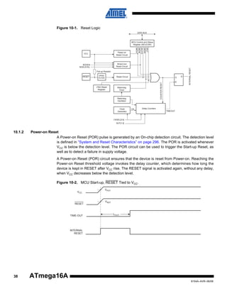 Figure 10-1. Reset Logic
DATA BUS

PORF
BORF
EXTRF
WDRF
JTRF

MCU Control and Status
Register (MCUCSR)

Power-on
Reset Circuit

INTERNAL RESET

Brown-out
Reset Circuit

BODEN
BODLEVEL
Pull-up Resistor

Reset Circuit

JTAG Reset
Register

Watchdog
Timer

COUNTER RESET

SPIKE
FILTER

Watchdog
Oscillator

Clock
Generator

CK

Delay Counters
TIMEOUT

CKSEL[3:0]
SUT[1:0]

10.1.2

Power-on Reset
A Power-on Reset (POR) pulse is generated by an On-chip detection circuit. The detection level
is defined in “System and Reset Characteristics” on page 296. The POR is activated whenever
VCC is below the detection level. The POR circuit can be used to trigger the Start-up Reset, as
well as to detect a failure in supply voltage.
A Power-on Reset (POR) circuit ensures that the device is reset from Power-on. Reaching the
Power-on Reset threshold voltage invokes the delay counter, which determines how long the
device is kept in RESET after VCC rise. The RESET signal is activated again, without any delay,
when VCC decreases below the detection level.
Figure 10-2. MCU Start-up, RESET Tied to VCC.
VCC

RESET

TIME-OUT

VPOT

VRST

tTOUT

INTERNAL
RESET

38

ATmega16A
8154A–AVR–06/08

 