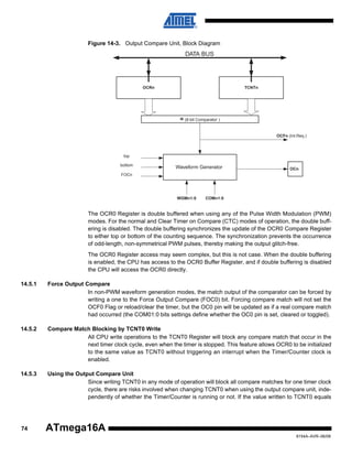 Figure 14-3. Output Compare Unit, Block Diagram

DATA BUS

OCRn

TCNTn

= (8-bit Comparator )
OCFn (Int.Req.)

top
bottom

Waveform Generator

OCn

FOCn

WGMn1:0

COMn1:0

The OCR0 Register is double buffered when using any of the Pulse Width Modulation (PWM)
modes. For the normal and Clear Timer on Compare (CTC) modes of operation, the double buffering is disabled. The double buffering synchronizes the update of the OCR0 Compare Register
to either top or bottom of the counting sequence. The synchronization prevents the occurrence
of odd-length, non-symmetrical PWM pulses, thereby making the output glitch-free.
The OCR0 Register access may seem complex, but this is not case. When the double buffering
is enabled, the CPU has access to the OCR0 Buffer Register, and if double buffering is disabled
the CPU will access the OCR0 directly.
14.5.1

Force Output Compare
In non-PWM waveform generation modes, the match output of the comparator can be forced by
writing a one to the Force Output Compare (FOC0) bit. Forcing compare match will not set the
OCF0 Flag or reload/clear the timer, but the OC0 pin will be updated as if a real compare match
had occurred (the COM01:0 bits settings define whether the OC0 pin is set, cleared or toggled).

14.5.2

Compare Match Blocking by TCNT0 Write
All CPU write operations to the TCNT0 Register will block any compare match that occur in the
next timer clock cycle, even when the timer is stopped. This feature allows OCR0 to be initialized
to the same value as TCNT0 without triggering an interrupt when the Timer/Counter clock is
enabled.

14.5.3

Using the Output Compare Unit
Since writing TCNT0 in any mode of operation will block all compare matches for one timer clock
cycle, there are risks involved when changing TCNT0 when using the output compare unit, independently of whether the Timer/Counter is running or not. If the value written to TCNT0 equals

74

ATmega16A
8154A–AVR–06/08

 