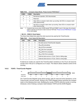Table 14-5.

Compare Output Mode, Phase Correct PWM Mode(1)

COM01

COM00

0

0

Normal port operation, OC0 disconnected.

0

1

Reserved

1

0

Clear OC0 on compare match when up-counting. Set OC0 on compare match
when downcounting.

1

1

Set OC0 on compare match when up-counting. Clear OC0 on compare match
when downcounting.

Note:

Description

1. A special case occurs when OCR0 equals TOP and COM01 is set. In this case, the compare
match is ignored, but the set or clear is done at TOP. See “Phase Correct PWM Mode” on page
78 for more details.

• Bit 2:0 – CS02:0: Clock Select
The three Clock Select bits select the clock source to be used by the Timer/Counter.
Table 14-6.

Clock Select Bit Description

CS02

CS01

CS00

Description

0

0

0

No clock source (Timer/Counter stopped).

0

0

1

clkI/O/(No prescaling)

0

1

0

clkI/O/8 (From prescaler)

0

1

1

clkI/O/64 (From prescaler)

1

0

0

clkI/O/256 (From prescaler)

1

0

1

clkI/O/1024 (From prescaler)

1

1

0

External clock source on T0 pin. Clock on falling edge.

1

1

1

External clock source on T0 pin. Clock on rising edge.

If external pin modes are used for the Timer/Counter0, transitions on the T0 pin will clock the
counter even if the pin is configured as an output. This feature allows software control of the
counting.
14.9.2

TCNT0 – Timer/Counter Register
Bit

7

6

5

4

3

2

1

0

TCNT0[7:0]

TCNT0

Read/Write

R/W

R/W

R/W

R/W

R/W

R/W

R/W

R/W

Initial Value

0

0

0

0

0

0

0

0

The Timer/Counter Register gives direct access, both for read and write operations, to the
Timer/Counter unit 8-bit counter. Writing to the TCNT0 Register blocks (removes) the compare
match on the following timer clock. Modifying the counter (TCNT0) while the counter is running,
introduces a risk of missing a compare match between TCNT0 and the OCR0 Register.

84

ATmega16A
8154A–AVR–06/08

 