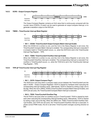 ATmega16A
14.9.3

OCR0 – Output Compare Register
Bit

7

6

5

4

3

2

1

0

OCR0[7:0]

OCR0

Read/Write

R/W

R/W

R/W

R/W

R/W

R/W

R/W

R/W

Initial Value

0

0

0

0

0

0

0

0

The Output Compare Register contains an 8-bit value that is continuously compared with the
counter value (TCNT0). A match can be used to generate an output compare interrupt, or to
generate a waveform output on the OC0 pin.
14.9.4

TIMSK – Timer/Counter Interrupt Mask Register
Bit

7

6

5

4

3

2

1

0

OCIE2

TOIE2

TICIE1

OCIE1A

OCIE1B

TOIE1

OCIE0

TOIE0

Read/Write

R/W

R/W

R/W

R/W

R/W

R/W

R/W

R/W

Initial Value

0

0

0

0

0

0

0

0

TIMSK

• Bit 1 – OCIE0: Timer/Counter0 Output Compare Match Interrupt Enable
When the OCIE0 bit is written to one, and the I-bit in the Status Register is set (one), the
Timer/Counter0 Compare Match interrupt is enabled. The corresponding interrupt is executed if
a compare match in Timer/Counter0 occurs, i.e., when the OCF0 bit is set in the Timer/Counter
Interrupt Flag Register – TIFR.
• Bit 0 – TOIE0: Timer/Counter0 Overflow Interrupt Enable
When the TOIE0 bit is written to one, and the I-bit in the Status Register is set (one), the
Timer/Counter0 Overflow interrupt is enabled. The corresponding interrupt is executed if an
overflow in Timer/Counter0 occurs, i.e., when the TOV0 bit is set in the Timer/Counter Interrupt
Flag Register – TIFR.
14.9.5

TIFR qP Timer/Counter Interrupt Flag Register
Bit

7

6

5

4

3

2

1

0

OCF2

TOV2

ICF1

OCF1A

OCF1B

TOV1

OCF0

TOV0

Read/Write

R/W

R/W

R/W

R/W

R/W

R/W

R/W

R/W

Initial Value

0

0

0

0

0

0

0

0

TIFR

• Bit 1 – OCF0: Output Compare Flag 0
The OCF0 bit is set (one) when a compare match occurs between the Timer/Counter0 and the
data in OCR0 – Output Compare Register0. OCF0 is cleared by hardware when executing the
corresponding interrupt handling vector. Alternatively, OCF0 is cleared by writing a logic one to
the flag. When the I-bit in SREG, OCIE0 (Timer/Counter0 Compare Match Interrupt Enable), and
OCF0 are set (one), the Timer/Counter0 Compare Match Interrupt is executed.
• Bit 0 – TOV0: Timer/Counter0 Overflow Flag
The bit TOV0 is set (one) when an overflow occurs in Timer/Counter0. TOV0 is cleared by hardware when executing the corresponding interrupt handling vector. Alternatively, TOV0 is cleared
by writing a logic one to the flag. When the SREG I-bit, TOIE0 (Timer/Counter0 Overflow Interrupt Enable), and TOV0 are set (one), the Timer/Counter0 Overflow interrupt is executed. In
phase correct PWM mode, this bit is set when Timer/Counter0 changes counting direction at
$00.

85
8154A–AVR–06/08

 