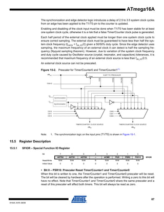 ATmega16A
The synchronization and edge detector logic introduces a delay of 2.5 to 3.5 system clock cycles
from an edge has been applied to the T1/T0 pin to the counter is updated.
Enabling and disabling of the clock input must be done when T1/T0 has been stable for at least
one system clock cycle, otherwise it is a risk that a false Timer/Counter clock pulse is generated.
Each half period of the external clock applied must be longer than one system clock cycle to
ensure correct sampling. The external clock must be guaranteed to have less than half the system clock frequency (fExtClk < fclk_I/O/2) given a 50/50% duty cycle. Since the edge detector uses
sampling, the maximum frequency of an external clock it can detect is half the sampling frequency (Nyquist sampling theorem). However, due to variation of the system clock frequency
and duty cycle caused by Oscillator source (crystal, resonator, and capacitors) tolerances, it is
recommended that maximum frequency of an external clock source is less than fclk_I/O/2.5.
An external clock source can not be prescaled.
Figure 15-2. Prescaler for Timer/Counter0 and Timer/Counter1(1)
clk I/O

Clear

PSR10

T0

Synchronization
T1

Synchronization

clkT1

Note:

15.5
15.5.1

clkT0

1. The synchronization logic on the input pins (T1/T0) is shown in Figure 15-1.

Register Description
SFIOR – Special Function IO Register
Bit

7

6

5

4

3

2

1

0

ADTS2

ADTS1

ADTS0

–

ACME

PUD

PSR2

PSR10

Read/Write

R/W

R/W

R/W

R

R/W

R/W

R/W

R/W

Initial Value

0

0

0

0

0

0

0

0

SFIOR

• Bit 0 – PSR10: Prescaler Reset Timer/Counter1 and Timer/Counter0
When this bit is written to one, the Timer/Counter1 and Timer/Counter0 prescaler will be reset.
The bit will be cleared by hardware after the operation is performed. Writing a zero to this bit will
have no effect. Note that Timer/Counter1 and Timer/Counter0 share the same prescaler and a
reset of this prescaler will affect both timers. This bit will always be read as zero.

87
8154A–AVR–06/08

 