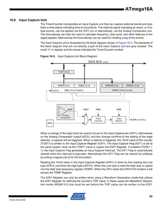 ATmega16A
16.6

Input Capture Unit
The Timer/Counter incorporates an Input Capture unit that can capture external events and give
them a time-stamp indicating time of occurrence. The external signal indicating an event, or multiple events, can be applied via the ICP1 pin or alternatively, via the Analog Comparator unit.
The time-stamps can then be used to calculate frequency, duty-cycle, and other features of the
signal applied. Alternatively the time-stamps can be used for creating a log of the events.
The Input Capture unit is illustrated by the block diagram shown in Figure 16-3. The elements of
the block diagram that are not directly a part of the Input Capture unit are gray shaded. The
small “n” in register and bit names indicates the Timer/Counter number.
Figure 16-3. Input Capture Unit Block Diagram

DATA BUS

(8-bit)

TEMP (8-bit)

ICRnH (8-bit)
WRITE

ICRnL (8-bit)

TCNTnH (8-bit)

ICRn (16-bit Register)

ACO*
Analog
Comparator

ACIC*

TCNTnL (8-bit)

TCNTn (16-bit Counter)

ICNC

ICES

Noise
Canceler

Edge
Detector

ICFn (Int.Req.)

ICPn

When a change of the logic level (an event) occurs on the Input Capture pin (ICP1), alternatively
on the Analog Comparator output (ACO), and this change confirms to the setting of the edge
detector, a capture will be triggered. When a capture is triggered, the 16-bit value of the counter
(TCNT1) is written to the Input Capture Register (ICR1). The Input Capture Flag (ICF1) is set at
the same system clock as the TCNT1 value is copied into ICR1 Register. If enabled (TICIE1 =
1), the Input Capture Flag generates an Input Capture Interrupt. The ICF1 Flag is automatically
cleared when the interrupt is executed. Alternatively the ICF1 Flag can be cleared by software
by writing a logical one to its I/O bit location.
Reading the 16-bit value in the Input Capture Register (ICR1) is done by first reading the Low
byte (ICR1L) and then the High byte (ICR1H). When the Low byte is read the High byte is copied
into the High byte temporary register (TEMP). When the CPU reads the ICR1H I/O location it will
access the TEMP Register.
The ICR1 Register can only be written when using a Waveform Generation mode that utilizes
the ICR1 Register for defining the counter’s TOP value. In these cases the Waveform Generation mode (WGM13:0) bits must be set before the TOP value can be written to the ICR1

95
8154A–AVR–06/08

 