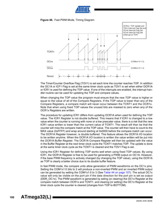 100
2503N–AVR–06/08
ATmega32(L)
Figure 46. Fast PWM Mode, Timing Diagram
The Timer/Counter Overflow Flag (TOV1) is set each time the counter reaches TOP. In addition
the OC1A or ICF1 Flag is set at the same timer clock cycle as TOV1 is set when either OCR1A
or ICR1 is used for defining the TOP value. If one of the interrupts are enabled, the interrupt han-
dler routine can be used for updating the TOP and compare values.
When changing the TOP value the program must ensure that the new TOP value is higher or
equal to the value of all of the Compare Registers. If the TOP value is lower than any of the
Compare Registers, a compare match will never occur between the TCNT1 and the OCR1x.
Note that when using fixed TOP values the unused bits are masked to zero when any of the
OCR1x Registers are written.
The procedure for updating ICR1 differs from updating OCR1A when used for defining the TOP
value. The ICR1 Register is not double buffered. This means that if ICR1 is changed to a low
value when the counter is running with none or a low prescaler value, there is a risk that the new
ICR1 value written is lower than the current value of TCNT1. The result will then be that the
counter will miss the compare match at the TOP value. The counter will then have to count to the
MAX value (0xFFFF) and wrap around starting at 0x0000 before the compare match can occur.
The OCR1A Register however, is double buffered. This feature allows the OCR1A I/O location
to be written anytime. When the OCR1A I/O location is written the value written will be put into
the OCR1A Buffer Register. The OCR1A Compare Register will then be updated with the value
in the Buffer Register at the next timer clock cycle the TCNT1 matches TOP. The update is done
at the same timer clock cycle as the TCNT1 is cleared and the TOV1 Flag is set.
Using the ICR1 Register for defining TOP works well when using fixed TOP values. By using
ICR1, the OCR1A Register is free to be used for generating a PWM output on OC1A. However,
if the base PWM frequency is actively changed (by changing the TOP value), using the OCR1A
as TOP is clearly a better choice due to its double buffer feature.
In fast PWM mode, the compare units allow generation of PWM waveforms on the OC1x pins.
Setting the COM1x1:0 bits to 2 will produce a non-inverted PWM and an inverted PWM output
can be generated by setting the COM1x1:0 to 3 (See Table 44 on page 107). The actual OC1x
value will only be visible on the port pin if the data direction for the port pin is set as output
(DDR_OC1x). The PWM waveform is generated by seting (or clearing) the OC1x Register at the
compare match between OCR1x and TCNT1, and clearing (or setting) the OC1x Register at the
timer clock cycle the counter is cleared (changes from TOP to BOTTOM).
TCNTn
OCRnx / TOP Update and
TOVn Interrupt Flag Set and
OCnA Interrupt Flag Set
OCnA Interrupt Flag Set
(Interrupt on TOP)
1 7Period 2 3 4 5 6 8
OCnx
OCnx
(COMnx1:0 = 2)
(COMnx1:0 = 3)
 