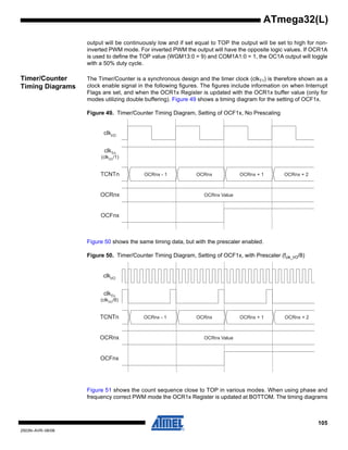 105
2503N–AVR–06/08
ATmega32(L)
output will be continuously low and if set equal to TOP the output will be set to high for non-
inverted PWM mode. For inverted PWM the output will have the opposite logic values. If OCR1A
is used to define the TOP value (WGM13:0 = 9) and COM1A1:0 = 1, the OC1A output will toggle
with a 50% duty cycle.
Timer/Counter
Timing Diagrams
The Timer/Counter is a synchronous design and the timer clock (clkT1) is therefore shown as a
clock enable signal in the following figures. The figures include information on when Interrupt
Flags are set, and when the OCR1x Register is updated with the OCR1x buffer value (only for
modes utilizing double buffering). Figure 49 shows a timing diagram for the setting of OCF1x.
Figure 49. Timer/Counter Timing Diagram, Setting of OCF1x, No Prescaling
Figure 50 shows the same timing data, but with the prescaler enabled.
Figure 50. Timer/Counter Timing Diagram, Setting of OCF1x, with Prescaler (fclk_I/O/8)
Figure 51 shows the count sequence close to TOP in various modes. When using phase and
frequency correct PWM mode the OCR1x Register is updated at BOTTOM. The timing diagrams
clkTn
(clkI/O/1)
OCFnx
clkI/O
OCRnx
TCNTn
OCRnx Value
OCRnx - 1 OCRnx OCRnx + 1 OCRnx + 2
OCFnx
OCRnx
TCNTn
OCRnx Value
OCRnx - 1 OCRnx OCRnx + 1 OCRnx + 2
clkI/O
clkTn
(clkI/O/8)
 