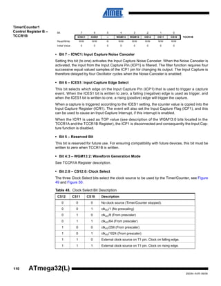 110
2503N–AVR–06/08
ATmega32(L)
Timer/Counter1
Control Register B –
TCCR1B
• Bit 7 – ICNC1: Input Capture Noise Canceler
Setting this bit (to one) activates the Input Capture Noise Canceler. When the Noise Canceler is
activated, the input from the Input Capture Pin (ICP1) is filtered. The filter function requires four
successive equal valued samples of the ICP1 pin for changing its output. The Input Capture is
therefore delayed by four Oscillator cycles when the Noise Canceler is enabled.
• Bit 6 – ICES1: Input Capture Edge Select
This bit selects which edge on the Input Capture Pin (ICP1) that is used to trigger a capture
event. When the ICES1 bit is written to zero, a falling (negative) edge is used as trigger, and
when the ICES1 bit is written to one, a rising (positive) edge will trigger the capture.
When a capture is triggered according to the ICES1 setting, the counter value is copied into the
Input Capture Register (ICR1). The event will also set the Input Capture Flag (ICF1), and this
can be used to cause an Input Capture Interrupt, if this interrupt is enabled.
When the ICR1 is used as TOP value (see description of the WGM13:0 bits located in the
TCCR1A and the TCCR1B Register), the ICP1 is disconnected and consequently the Input Cap-
ture function is disabled.
• Bit 5 – Reserved Bit
This bit is reserved for future use. For ensuring compatibility with future devices, this bit must be
written to zero when TCCR1B is written.
• Bit 4:3 – WGM13:2: Waveform Generation Mode
See TCCR1A Register description.
• Bit 2:0 – CS12:0: Clock Select
The three Clock Select bits select the clock source to be used by the Timer/Counter, see Figure
49 and Figure 50.
Bit 7 6 5 4 3 2 1 0
ICNC1 ICES1 – WGM13 WGM12 CS12 CS11 CS10 TCCR1B
Read/Write R/W R/W R R/W R/W R/W R/W R/W
Initial Value 0 0 0 0 0 0 0 0
Table 48. Clock Select Bit Description
CS12 CS11 CS10 Description
0 0 0 No clock source (Timer/Counter stopped).
0 0 1 clkI/O/1 (No prescaling)
0 1 0 clkI/O/8 (From prescaler)
0 1 1 clkI/O/64 (From prescaler)
1 0 0 clkI/O/256 (From prescaler)
1 0 1 clkI/O/1024 (From prescaler)
1 1 0 External clock source on T1 pin. Clock on falling edge.
1 1 1 External clock source on T1 pin. Clock on rising edge.
 