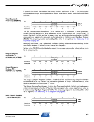 111
2503N–AVR–06/08
ATmega32(L)
If external pin modes are used for the Timer/Counter1, transitions on the T1 pin will clock the
counter even if the pin is configured as an output. This feature allows software control of the
counting.
Timer/Counter1 –
TCNT1H and TCNT1L
The two Timer/Counter I/O locations (TCNT1H and TCNT1L, combined TCNT1) give direct
access, both for read and for write operations, to the Timer/Counter unit 16-bit counter. To
ensure that both the high and low bytes are read and written simultaneously when the CPU
accesses these registers, the access is performed using an 8-bit temporary High Byte Register
(TEMP). This temporary register is shared by all the other 16-bit registers. See “Accessing 16-bit
Registers” on page 89.
Modifying the counter (TCNT1) while the counter is running introduces a risk of missing a com-
pare match between TCNT1 and one of the OCR1x Registers.
Writing to the TCNT1 Register blocks (removes) the compare match on the following timer clock
for all compare units.
Output Compare
Register 1 A –
OCR1AH and OCR1AL
Output Compare
Register 1 B –
OCR1BH and OCR1BL
The Output Compare Registers contain a 16-bit value that is continuously compared with the
counter value (TCNT1). A match can be used to generate an output compare interrupt, or to
generate a waveform output on the OC1x pin.
The Output Compare Registers are 16-bit in size. To ensure that both the high and low bytes are
written simultaneously when the CPU writes to these registers, the access is performed using an
8-bit temporary High Byte Register (TEMP). This temporary register is shared by all the other
16-bit registers. See “Accessing 16-bit Registers” on page 89.
Input Capture Register
1 – ICR1H and ICR1L
Bit 7 6 5 4 3 2 1 0
TCNT1[15:8] TCNT1H
TCNT1[7:0] TCNT1L
Read/Write R/W R/W R/W R/W R/W R/W R/W R/W
Initial Value 0 0 0 0 0 0 0 0
Bit 7 6 5 4 3 2 1 0
OCR1A[15:8] OCR1AH
OCR1A[7:0] OCR1AL
Read/Write R/W R/W R/W R/W R/W R/W R/W R/W
Initial Value 0 0 0 0 0 0 0 0
Bit 7 6 5 4 3 2 1 0
OCR1B[15:8] OCR1BH
OCR1B[7:0] OCR1BL
Read/Write R/W R/W R/W R/W R/W R/W R/W R/W
Initial Value 0 0 0 0 0 0 0 0
Bit 7 6 5 4 3 2 1 0
ICR1[15:8] ICR1H
ICR1[7:0] ICR1L
Read/Write R/W R/W R/W R/W R/W R/W R/W R/W
Initial Value 0 0 0 0 0 0 0 0
 