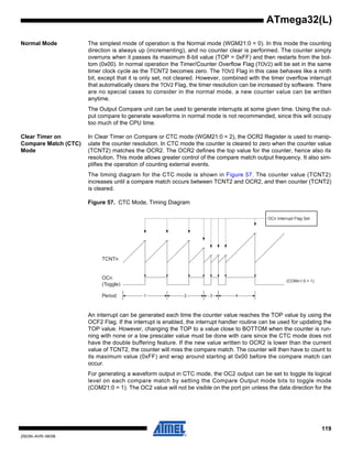 119
2503N–AVR–06/08
ATmega32(L)
Normal Mode The simplest mode of operation is the Normal mode (WGM21:0 = 0). In this mode the counting
direction is always up (incrementing), and no counter clear is performed. The counter simply
overruns when it passes its maximum 8-bit value (TOP = 0xFF) and then restarts from the bot-
tom (0x00). In normal operation the Timer/Counter Overflow Flag (TOV2) will be set in the same
timer clock cycle as the TCNT2 becomes zero. The TOV2 Flag in this case behaves like a ninth
bit, except that it is only set, not cleared. However, combined with the timer overflow interrupt
that automatically clears the TOV2 Flag, the timer resolution can be increased by software. There
are no special cases to consider in the normal mode, a new counter value can be written
anytime.
The Output Compare unit can be used to generate interrupts at some given time. Using the out-
put compare to generate waveforms in normal mode is not recommended, since this will occupy
too much of the CPU time.
Clear Timer on
Compare Match (CTC)
Mode
In Clear Timer on Compare or CTC mode (WGM21:0 = 2), the OCR2 Register is used to manip-
ulate the counter resolution. In CTC mode the counter is cleared to zero when the counter value
(TCNT2) matches the OCR2. The OCR2 defines the top value for the counter, hence also its
resolution. This mode allows greater control of the compare match output frequency. It also sim-
plifies the operation of counting external events.
The timing diagram for the CTC mode is shown in Figure 57. The counter value (TCNT2)
increases until a compare match occurs between TCNT2 and OCR2, and then counter (TCNT2)
is cleared.
Figure 57. CTC Mode, Timing Diagram
An interrupt can be generated each time the counter value reaches the TOP value by using the
OCF2 Flag. If the interrupt is enabled, the interrupt handler routine can be used for updating the
TOP value. However, changing the TOP to a value close to BOTTOM when the counter is run-
ning with none or a low prescaler value must be done with care since the CTC mode does not
have the double buffering feature. If the new value written to OCR2 is lower than the current
value of TCNT2, the counter will miss the compare match. The counter will then have to count to
its maximum value (0xFF) and wrap around starting at 0x00 before the compare match can
occur.
For generating a waveform output in CTC mode, the OC2 output can be set to toggle its logical
level on each compare match by setting the Compare Output mode bits to toggle mode
(COM21:0 = 1). The OC2 value will not be visible on the port pin unless the data direction for the
TCNTn
OCn
(Toggle)
OCn Interrupt Flag Set
1 4Period 2 3
(COMn1:0 = 1)
 