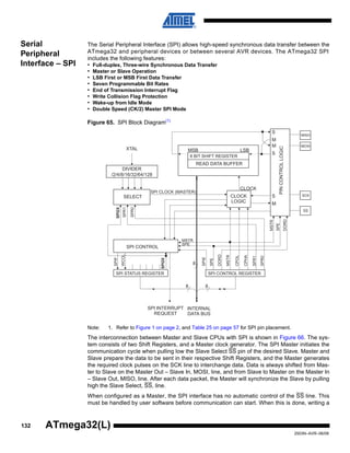 132
2503N–AVR–06/08
ATmega32(L)
Serial
Peripheral
Interface – SPI
The Serial Peripheral Interface (SPI) allows high-speed synchronous data transfer between the
ATmega32 and peripheral devices or between several AVR devices. The ATmega32 SPI
includes the following features:
• Full-duplex, Three-wire Synchronous Data Transfer
• Master or Slave Operation
• LSB First or MSB First Data Transfer
• Seven Programmable Bit Rates
• End of Transmission Interrupt Flag
• Write Collision Flag Protection
• Wake-up from Idle Mode
• Double Speed (CK/2) Master SPI Mode
Figure 65. SPI Block Diagram(1)
Note: 1. Refer to Figure 1 on page 2, and Table 25 on page 57 for SPI pin placement.
The interconnection between Master and Slave CPUs with SPI is shown in Figure 66. The sys-
tem consists of two Shift Registers, and a Master clock generator. The SPI Master initiates the
communication cycle when pulling low the Slave Select SS pin of the desired Slave. Master and
Slave prepare the data to be sent in their respective Shift Registers, and the Master generates
the required clock pulses on the SCK line to interchange data. Data is always shifted from Mas-
ter to Slave on the Master Out – Slave In, MOSI, line, and from Slave to Master on the Master In
– Slave Out, MISO, line. After each data packet, the Master will synchronize the Slave by pulling
high the Slave Select, SS, line.
When configured as a Master, the SPI interface has no automatic control of the SS line. This
must be handled by user software before communication can start. When this is done, writing a
SPI2X
SPI2X
DIVIDER
/2/4/8/16/32/64/128
 