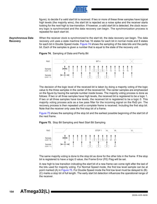 154
2503N–AVR–06/08
ATmega32(L)
figure), to decide if a valid start bit is received. If two or more of these three samples have logical
high levels (the majority wins), the start bit is rejected as a noise spike and the receiver starts
looking for the next high to low-transition. If however, a valid start bit is detected, the clock recov-
ery logic is synchronized and the data recovery can begin. The synchronization process is
repeated for each start bit.
Asynchronous Data
Recovery
When the receiver clock is synchronized to the start bit, the data recovery can begin. The data
recovery unit uses a state machine that has 16 states for each bit in normal mode and 8 states
for each bit in Double Speed mode. Figure 74 shows the sampling of the data bits and the parity
bit. Each of the samples is given a number that is equal to the state of the recovery unit.
Figure 74. Sampling of Data and Parity Bit
The decision of the logic level of the received bit is taken by doing a majority voting of the logic
value to the three samples in the center of the received bit. The center samples are emphasized
on the figure by having the sample number inside boxes. The majority voting process is done as
follows: If two or all three samples have high levels, the received bit is registered to be a logic 1.
If two or all three samples have low levels, the received bit is registered to be a logic 0. This
majority voting process acts as a low pass filter for the incoming signal on the RxD pin. The
recovery process is then repeated until a complete frame is received. Including the first stop bit.
Note that the receiver only uses the first stop bit of a frame.
Figure 75 shows the sampling of the stop bit and the earliest possible beginning of the start bit of
the next frame.
Figure 75. Stop Bit Sampling and Next Start Bit Sampling
The same majority voting is done to the stop bit as done for the other bits in the frame. If the stop
bit is registered to have a logic 0 value, the Frame Error (FE) Flag will be set.
A new high to low transition indicating the start bit of a new frame can come right after the last of
the bits used for majority voting. For Normal Speed mode, the first low level sample can be at
point marked (A) in Figure 75. For Double Speed mode the first low level must be delayed to (B).
(C) marks a stop bit of full length. The early start bit detection influences the operational range of
the receiver.
1 2 3 4 5 6 7 8 9 10 11 12 13 14 15 16 1
BIT n
1 2 3 4 5 6 7 8 1
RxD
Sample
(U2X = 0)
Sample
(U2X = 1)
1 2 3 4 5 6 7 8 9 10 0/1 0/1 0/1
STOP 1
1 2 3 4 5 6 0/1
RxD
Sample
(U2X = 0)
Sample
(U2X = 1)
(A) (B) (C)
 