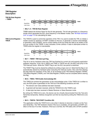 177
2503N–AVR–06/08
ATmega32(L)
TWI Register
Description
TWI Bit Rate Register
– TWBR
• Bits 7..0 – TWI Bit Rate Register
TWBR selects the division factor for the bit rate generator. The bit rate generator is a frequency
divider which generates the SCL clock frequency in the Master modes. See “Bit Rate Generator
Unit” on page 175 for calculating bit rates.
TWI Control Register –
TWCR
The TWCR is used to control the operation of the TWI. It is used to enable the TWI, to initiate a
master access by applying a START condition to the bus, to generate a receiver acknowledge,
to generate a stop condition, and to control halting of the bus while the data to be written to the
bus are written to the TWDR. It also indicates a write collision if data is attempted written to
TWDR while the register is inaccessible.
• Bit 7 – TWINT: TWI Interrupt Flag
This bit is set by hardware when the TWI has finished its current job and expects application
software response. If the I-bit in SREG and TWIE in TWCR are set, the MCU will jump to the
TWI Interrupt Vector. While the TWINT Flag is set, the SCL low period is stretched.
The TWINT Flag must be cleared by software by writing a logic one to it. Note that this flag is not
automatically cleared by hardware when executing the interrupt routine. Also note that clearing
this flag starts the operation of the TWI, so all accesses to the TWI Address Register (TWAR),
TWI Status Register (TWSR), and TWI Data Register (TWDR) must be complete before clearing
this flag.
• Bit 6 – TWEA: TWI Enable Acknowledge Bit
The TWEA bit controls the generation of the acknowledge pulse. If the TWEA bit is written to
one, the ACK pulse is generated on the TWI bus if the following conditions are met:
1. The device’s own slave address has been received.
2. A general call has been received, while the TWGCE bit in the TWAR is set.
3. A data byte has been received in Master Receiver or Slave Receiver mode.
By writing the TWEA bit to zero, the device can be virtually disconnected from the Two-wire
Serial Bus temporarily. Address recognition can then be resumed by writing the TWEA bit to one
again.
• Bit 5 – TWSTA: TWI START Condition Bit
The application writes the TWSTA bit to one when it desires to become a master on the Two-
wire Serial Bus. The TWI hardware checks if the bus is available, and generates a START con-
dition on the bus if it is free. However, if the bus is not free, the TWI waits until a STOP condition
Bit 7 6 5 4 3 2 1 0
TWBR7 TWBR6 TWBR5 TWBR4 TWBR3 TWBR2 TWBR1 TWBR0 TWBR
Read/Write R/W R/W R/W R/W R/W R/W R/W R/W
Initial Value 0 0 0 0 0 0 0 0
Bit 7 6 5 4 3 2 1 0
TWINT TWEA TWSTA TWSTO TWWC TWEN – TWIE TWCR
Read/Write R/W R/W R/W R/W R R/W R R/W
Initial Value 0 0 0 0 0 0 0 0
 