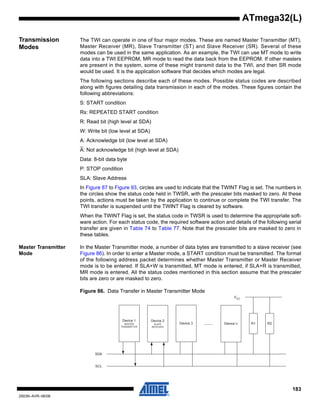 183
2503N–AVR–06/08
ATmega32(L)
Transmission
Modes
The TWI can operate in one of four major modes. These are named Master Transmitter (MT),
Master Receiver (MR), Slave Transmitter (ST) and Slave Receiver (SR). Several of these
modes can be used in the same application. As an example, the TWI can use MT mode to write
data into a TWI EEPROM, MR mode to read the data back from the EEPROM. If other masters
are present in the system, some of these might transmit data to the TWI, and then SR mode
would be used. It is the application software that decides which modes are legal.
The following sections describe each of these modes. Possible status codes are described
along with figures detailing data transmission in each of the modes. These figures contain the
following abbreviations:
S: START condition
Rs: REPEATED START condition
R: Read bit (high level at SDA)
W: Write bit (low level at SDA)
A: Acknowledge bit (low level at SDA)
A: Not acknowledge bit (high level at SDA)
Data: 8-bit data byte
P: STOP condition
SLA: Slave Address
In Figure 87 to Figure 93, circles are used to indicate that the TWINT Flag is set. The numbers in
the circles show the status code held in TWSR, with the prescaler bits masked to zero. At these
points, actions must be taken by the application to continue or complete the TWI transfer. The
TWI transfer is suspended until the TWINT Flag is cleared by software.
When the TWINT Flag is set, the status code in TWSR is used to determine the appropriate soft-
ware action. For each status code, the required software action and details of the following serial
transfer are given in Table 74 to Table 77. Note that the prescaler bits are masked to zero in
these tables.
Master Transmitter
Mode
In the Master Transmitter mode, a number of data bytes are transmitted to a slave receiver (see
Figure 86). In order to enter a Master mode, a START condition must be transmitted. The format
of the following address packet determines whether Master Transmitter or Master Receiver
mode is to be entered. If SLA+W is transmitted, MT mode is entered, if SLA+R is transmitted,
MR mode is entered. All the status codes mentioned in this section assume that the prescaler
bits are zero or are masked to zero.
Figure 86. Data Transfer in Master Transmitter Mode
Device 1
MASTER
TRANSMITTER
Device 2
SLAVE
RECEIVER
Device 3 Device n
SDA
SCL
........ R1 R2
VCC
 