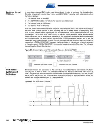 196
2503N–AVR–06/08
ATmega32(L)
Combining Several
TWI Modes
In some cases, several TWI modes must be combined in order to complete the desired action.
Consider for example reading data from a serial EEPROM. Typically, such a transfer involves
the following steps:
1. The transfer must be initiated
2. The EEPROM must be instructed what location should be read
3. The reading must be performed
4. The transfer must be finished
Note that data is transmitted both from master to slave and vice versa. The master must instruct
the slave what location it wants to read, requiring the use of the MT mode. Subsequently, data
must be read from the slave, implying the use of the MR mode. Thus, the transfer direction must
be changed. The master must keep control of the bus during all these steps, and the steps
should be carried out as an atomical operation. If this principle is violated in a multimaster sys-
tem, another master can alter the data pointer in the EEPROM between steps 2 and 3, and the
master will read the wrong data location. Such a change in transfer direction is accomplished by
transmitting a REPEATED START between the transmission of the address byte and reception
of the data. After a REPEATED START, the master keeps ownership of the bus. The following
figure shows the flow in this transfer.
Figure 94. Combining Several TWI Modes to Access a Serial EEPROM
Multi-master
Systems and
Arbitration
If multiple masters are connected to the same bus, transmissions may be initiated simultane-
ously by one or more of them. The TWI standard ensures that such situations are handled in
such a way that one of the masters will be allowed to proceed with the transfer, and that no data
will be lost in the process. An example of an arbitration situation is depicted below, where two
masters are trying to transmit data to a slave receiver.
Figure 95. An Arbitration Example
Master Transmitter Master Receiver
S = START Rs = REPEATED START P = STOP
Transmitted from Master to Slave Transmitted from Slave to Master
S SLA+W A ADDRESS A Rs SLA+R A DATA A P
Device 1
MASTER
TRANSMITTER
Device 2
MASTER
TRANSMITTER
Device 3
SLAVE
RECEIVER
Device n
SDA
SCL
........ R1 R2
VCC
 