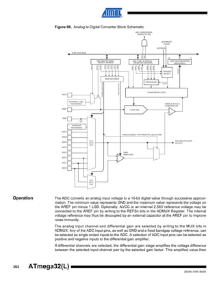 202
2503N–AVR–06/08
ATmega32(L)
Figure 98. Analog to Digital Converter Block Schematic
Operation The ADC converts an analog input voltage to a 10-bit digital value through successive approxi-
mation. The minimum value represents GND and the maximum value represents the voltage on
the AREF pin minus 1 LSB. Optionally, AVCC or an internal 2.56V reference voltage may be
connected to the AREF pin by writing to the REFSn bits in the ADMUX Register. The internal
voltage reference may thus be decoupled by an external capacitor at the AREF pin to improve
noise immunity.
The analog input channel and differential gain are selected by writing to the MUX bits in
ADMUX. Any of the ADC input pins, as well as GND and a fixed bandgap voltage reference, can
be selected as single ended inputs to the ADC. A selection of ADC input pins can be selected as
positive and negative inputs to the differential gain amplifier.
If differential channels are selected, the differential gain stage amplifies the voltage difference
between the selected input channel pair by the selected gain factor. This amplified value then
ADC CONVERSION
COMPLETE IRQ
8-BIT DATA BUS
15 0
ADC MULTIPLEXER
SELECT (ADMUX)
ADC CTRL. & STATUS
REGISTER (ADCSRA)
ADC DATA REGISTER
(ADCH/ADCL)
MUX2
ADIE
ADATE
ADSC
ADEN
ADIFADIF
MUX1
MUX0
ADPS0
ADPS1
ADPS2
MUX3
CONVERSION LOGIC
10-BIT DAC
+
-
SAMPLE & HOLD
COMPARATOR
INTERNAL 2.56V
REFERENCE
MUX DECODER
MUX4
AVCC
ADC7
ADC6
ADC5
ADC4
ADC3
ADC2
ADC1
ADC0
REFS0
REFS1
ADLAR
+
-
CHANNELSELECTION
GAINSELECTION
ADC[9:0]
ADC MULTIPLEXER
OUTPUT
GAIN
AMPLIFIER
AREF
BANDGAP
REFERENCE
PRESCALER
SINGLE ENDED / DIFFERENTIAL SELECTION
GND
POS.
INPUT
MUX
NEG.
INPUT
MUX
TRIGGER
SELECT
ADTS[2:0]
INTERRUPT
FLAGS
START
 