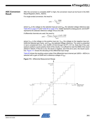 213
2503N–AVR–06/08
ATmega32(L)
ADC Conversion
Result
After the conversion is complete (ADIF is high), the conversion result can be found in the ADC
Result Registers (ADCL, ADCH).
For single ended conversion, the result is
where VIN is the voltage on the selected input pin and VREF the selected voltage reference (see
Table 83 on page 214 and Table 84 on page 215). 0x000 represents analog ground, and 0x3FF
represents the selected reference voltage minus one LSB.
If differential channels are used, the result is
where VPOS is the voltage on the positive input pin, VNEG the voltage on the negative input pin,
GAIN the selected gain factor, and VREF the selected voltage reference. The result is presented
in two’s complement form, from 0x200 (-512d) through 0x1FF (+511d). Note that if the user
wants to perform a quick polarity check of the results, it is sufficient to read the MSB of the result
(ADC9 in ADCH). If this bit is one, the result is negative, and if this bit is zero, the result is posi-
tive. Figure 111 shows the decoding of the differential input range.
Table 82 shows the resulting output codes if the differential input channel pair (ADCn - ADCm) is
selected with a gain of GAIN and a reference voltage of VREF.
Figure 111. Differential Measurement Range
ADC
VIN 1024⋅
VREF
--------------------------=
ADC
VPOS VNEG–( ) GAIN 512⋅ ⋅
VREF
------------------------------------------------------------------------=
0
Output Code
0x1FF
0x000
VREF
/GAIN Differential Input
Voltage (Volts)
0x3FF
0x200
- VREF
/GAIN
 