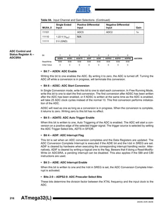 216
2503N–AVR–06/08
ATmega32(L)
ADC Control and
Status Register A –
ADCSRA
• Bit 7 – ADEN: ADC Enable
Writing this bit to one enables the ADC. By writing it to zero, the ADC is turned off. Turning the
ADC off while a conversion is in progress, will terminate this conversion.
• Bit 6 – ADSC: ADC Start Conversion
In Single Conversion mode, write this bit to one to start each conversion. In Free Running Mode,
write this bit to one to start the first conversion. The first conversion after ADSC has been written
after the ADC has been enabled, or if ADSC is written at the same time as the ADC is enabled,
will take 25 ADC clock cycles instead of the normal 13. This first conversion performs initializa-
tion of the ADC.
ADSC will read as one as long as a conversion is in progress. When the conversion is complete,
it returns to zero. Writing zero to this bit has no effect.
• Bit 5 – ADATE: ADC Auto Trigger Enable
When this bit is written to one, Auto Triggering of the ADC is enabled. The ADC will start a con-
version on a positive edge of the selected trigger signal. The trigger source is selected by setting
the ADC Trigger Select bits, ADTS in SFIOR.
• Bit 4 – ADIF: ADC Interrupt Flag
This bit is set when an ADC conversion completes and the Data Registers are updated. The
ADC Conversion Complete Interrupt is executed if the ADIE bit and the I-bit in SREG are set.
ADIF is cleared by hardware when executing the corresponding interrupt handling vector. Alter-
natively, ADIF is cleared by writing a logical one to the flag. Beware that if doing a Read-Modify-
Write on ADCSRA, a pending interrupt can be disabled. This also applies if the SBI and CBI
instructions are used.
• Bit 3 – ADIE: ADC Interrupt Enable
When this bit is written to one and the I-bit in SREG is set, the ADC Conversion Complete Inter-
rupt is activated.
• Bits 2:0 – ADPS2:0: ADC Prescaler Select Bits
These bits determine the division factor between the XTAL frequency and the input clock to the
ADC.
11101 ADC5 ADC2 1x
11110 1.22 V (VBG) N/A
11111 0 V (GND)
Table 84. Input Channel and Gain Selections (Continued)
MUX4..0
Single Ended
Input
Positive Differential
Input
Negative Differential
Input Gain
Bit 7 6 5 4 3 2 1 0
ADEN ADSC ADATE ADIF ADIE ADPS2 ADPS1 ADPS0 ADCSRA
Read/Write R/W R/W R/W R/W R/W R/W R/W R/W
Initial Value 0 0 0 0 0 0 0 0
 