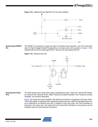 231
2503N–AVR–06/08
ATmega32(L)
Figure 118. Additional Scan Signal for the Two-wire Interface
Scanning the RESET
Pin
The RESET pin accepts 5V active low logic for standard reset operation, and 12V active high
logic for High Voltage Parallel Programming. An observe-only cell as shown in Figure 119 is
inserted both for the 5V reset signal; RSTT, and the 12V reset signal; RSTHV.
Figure 119. Observe-only Cell
Scanning the Clock
Pins
The AVR devices have many clock options selectable by fuses. These are: Internal RC Oscilla-
tor, External RC, External Clock, (High Frequency) Crystal Oscillator, Low Frequency Crystal
Oscillator, and Ceramic Resonator.
Figure 120 shows how each Oscillator with external connection is supported in the scan chain.
The Enable signal is supported with a general boundary-scan cell, while the Oscillator/Clock out-
put is attached to an observe-only cell. In addition to the main clock, the Timer Oscillator is
scanned in the same way. The output from the internal RC Oscillator is not scanned, as this
Oscillator does not have external connections.
Pxn
PUExn
ODxn
IDxn
TWIEN
OCxn
Slew-rate Limited
SRC
0
1
D Q
From
Previous
Cell
ClockDR
ShiftDR
To
Next
Cell
From System Pin To System Logic
FF1
 