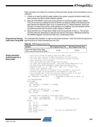 253
2503N–AVR–06/08
ATmega32(L)
Flash corruption can easily be avoided by following these design recommendations (one is
sufficient):
1. If there is no need for a Boot Loader update in the system, program the Boot Loader Lock
bits to prevent any Boot Loader software updates.
2. Keep the AVR RESET active (low) during periods of insufficient power supply voltage.
This can be done by enabling the internal Brown-out Detector (BOD) if the operating volt-
age matches the detection level. If not, an external low VCC Reset Protection circuit can
be used. If a reset occurs while a write operation is in progress, the write operation will be
completed provided that the power supply voltage is sufficient.
3. Keep the AVR core in Power-down Sleep mode during periods of low VCC. This will pre-
vent the CPU from attempting to decode and execute instructions, effectively protecting
the SPMCR Register and thus the Flash from unintentional writes.
Programming Time for
Flash when using SPM
The Calibrated RC Oscillator is used to time Flash accesses. Table 98 shows the typical pro-
gramming time for Flash accesses from the CPU.
Simple Assembly
Code Example for a
Boot Loader
;-the routine writes one page of data from RAM to Flash
; the first data location in RAM is pointed to by the Y pointer
; the first data location in Flash is pointed to by the Z pointer
;-error handling is not included
;-the routine must be placed inside the boot space
; (at least the Do_spm sub routine). Only code inside NRWW section can
; be read during self-programming (page erase and page write).
;-registers used: r0, r1, temp1 (r16), temp2 (r17), looplo (r24),
; loophi (r25), spmcrval (r20)
; storing and restoring of registers is not included in the routine
; register usage can be optimized at the expense of code size
;-It is assumed that either the interrupt table is moved to the Boot
; loader section or that the interrupts are disabled.
.equ PAGESIZEB = PAGESIZE*2 ; PAGESIZEB is page size in BYTES, not
; words
.org SMALLBOOTSTART
Write_page:
; page erase
ldi spmcrval, (1<<PGERS) | (1<<SPMEN)
call Do_spm
; re-enable the RWW section
ldi spmcrval, (1<<RWWSRE) | (1<<SPMEN)
call Do_spm
; transfer data from RAM to Flash page buffer
ldi looplo, low(PAGESIZEB) ;init loop variable
ldi loophi, high(PAGESIZEB) ;not required for PAGESIZEB<=256
Wrloop:
ld r0, Y+
ld r1, Y+
ldi spmcrval, (1<<SPMEN)
call Do_spm
adiw ZH:ZL, 2
sbiw loophi:looplo, 2 ;use subi for PAGESIZEB<=256
brne Wrloop
Table 98. SPM Programming Time.
Symbol Min Programming Time Max Programming Time
Flash write (Page Erase, Page
Write, and write Lock bits by SPM)
3.7 ms 4.5 ms
 