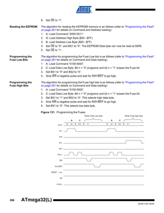 266
2503N–AVR–06/08
ATmega32(L)
6. Set OE to “1”.
Reading the EEPROM The algorithm for reading the EEPROM memory is as follows (refer to “Programming the Flash”
on page 261 for details on Command and Address loading):
1. A: Load Command “0000 0011”.
2. G: Load Address High Byte ($00 - $FF)
3. B: Load Address Low Byte ($00 - $FF)
4. Set OE to “0”, and BS1 to “0”. The EEPROM Data byte can now be read at DATA.
5. Set OE to “1”.
Programming the
Fuse Low Bits
The algorithm for programming the Fuse Low bits is as follows (refer to “Programming the Flash”
on page 261 for details on Command and Data loading):
1. A: Load Command “0100 0000”.
2. C: Load Data Low Byte. Bit n = “0” programs and bit n = “1” erases the Fuse bit.
3. Set BS1 to “0” and BS2 to “0”.
4. Give WR a negative pulse and wait for RDY/BSY to go high.
Programming the
Fuse High Bits
The algorithm for programming the Fuse high bits is as follows (refer to “Programming the Flash”
on page 261 for details on Command and Data loading):
1. A: Load Command “0100 0000”.
2. C: Load Data Low Byte. Bit n = “0” programs and bit n = “1” erases the Fuse bit.
3. Set BS1 to “1” and BS2 to “0”. This selects high data byte.
4. Give WR a negative pulse and wait for RDY/BSY to go high.
5. Set BS1 to “0”. This selects low data byte.
Figure 131. Programming the Fuses
RDY/BSY
WR
OE
RESET +12V
PAGEL
$40
DATA
DATA XX
XA1
XA0
BS1
XTAL1
A C
$40 DATA XX
A C
Write Fuse Low byte Write Fuse high byte
BS2
 