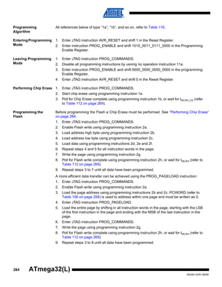 284
2503N–AVR–06/08
ATmega32(L)
Programming
Algorithm
All references below of type “1a”, “1b”, and so on, refer to Table 116.
EnteringProgramming
Mode
1. Enter JTAG instruction AVR_RESET and shift 1 in the Reset Register.
2. Enter instruction PROG_ENABLE and shift 1010_0011_0111_0000 in the Programming
Enable Register.
Leaving Programming
Mode
1. Enter JTAG instruction PROG_COMMANDS.
2. Disable all programming instructions by usning no operation instruction 11a.
3. Enter instruction PROG_ENABLE and shift 0000_0000_0000_0000 in the programming
Enable Register.
4. Enter JTAG instruction AVR_RESET and shift 0 in the Reset Register.
Performing Chip Erase 1. Enter JTAG instruction PROG_COMMANDS.
2. Start chip erase using programming instruction 1a.
3. Poll for Chip Erase complete using programming instruction 1b, or wait for tWLRH_CE (refer
to Table 112 on page 269).
Programming the
Flash
Before programming the Flash a Chip Erase must be performed. See “Performing Chip Erase”
on page 284.
1. Enter JTAG instruction PROG_COMMANDS.
2. Enable Flash write using programming instruction 2a.
3. Load address high byte using programming instruction 2b.
4. Load address low byte using programming instruction 2c.
5. Load data using programming instructions 2d, 2e and 2f.
6. Repeat steps 4 and 5 for all instruction words in the page.
7. Write the page using programming instruction 2g.
8. Poll for Flash write complete using programming instruction 2h, or wait for tWLRH (refer to
Table 112 on page 269).
9. Repeat steps 3 to 7 until all data have been programmed.
A more efficient data transfer can be achieved using the PROG_PAGELOAD instruction:
1. Enter JTAG instruction PROG_COMMANDS.
2. Enable Flash write using programming instruction 2a.
3. Load the page address using programming instructions 2b and 2c. PCWORD (refer to
Table 106 on page 258) is used to address within one page and must be written as 0.
4. Enter JTAG instruction PROG_PAGELOAD.
5. Load the entire page by shifting in all instruction words in the page, starting with the LSB
of the first instruction in the page and ending with the MSB of the last instruction in the
page.
6. Enter JTAG instruction PROG_COMMANDS.
7. Write the page using programming instruction 2g.
8. Poll for Flash write complete using programming instruction 2h, or wait for tWLRH (refer to
Table 112 on page 269).
9. Repeat steps 3 to 8 until all data have been programmed.
 
