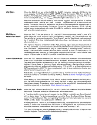 33
2503N–AVR–06/08
ATmega32(L)
Idle Mode When the SM2..0 bits are written to 000, the SLEEP instruction makes the MCU enter Idle
mode, stopping the CPU but allowing SPI, USART, Analog Comparator, ADC, Two-wire Serial
Interface, Timer/Counters, Watchdog, and the interrupt system to continue operating. This sleep
mode basically halts clkCPU and clkFLASH, while allowing the other clocks to run.
Idle mode enables the MCU to wake up from external triggered interrupts as well as internal
ones like the Timer Overflow and USART Transmit Complete interrupts. If wake-up from the
Analog Comparator interrupt is not required, the Analog Comparator can be powered down by
setting the ACD bit in the Analog Comparator Control and Status Register – ACSR. This will
reduce power consumption in Idle mode. If the ADC is enabled, a conversion starts automati-
cally when this mode is entered.
ADC Noise
Reduction Mode
When the SM2..0 bits are written to 001, the SLEEP instruction makes the MCU enter ADC
Noise Reduction mode, stopping the CPU but allowing the ADC, the External Interrupts, the
Two-wire Serial Interface address watch, Timer/Counter2 and the Watchdog to continue operat-
ing (if enabled). This sleep mode basically halts clkI/O, clkCPU, and clkFLASH, while allowing the
other clocks to run.
This improves the noise environment for the ADC, enabling higher resolution measurements. If
the ADC is enabled, a conversion starts automatically when this mode is entered. Apart form the
ADC Conversion Complete interrupt, only an External Reset, a Watchdog Reset, a Brown-out
Reset, a Two-wire Serial Interface Address Match Interrupt, a Timer/Counter2 interrupt, an
SPM/EEPROM ready interrupt, an External level interrupt on INT0 or INT1, or an external inter-
rupt on INT2 can wake up the MCU from ADC Noise Reduction mode.
Power-down Mode When the SM2..0 bits are written to 010, the SLEEP instruction makes the MCU enter Power-
down mode. In this mode, the External Oscillator is stopped, while the External interrupts, the
Two-wire Serial Interface address watch, and the Watchdog continue operating (if enabled).
Only an External Reset, a Watchdog Reset, a Brown-out Reset, a Two-wire Serial Interface
address match interrupt, an External level interrupt on INT0 or INT1, or an External interrupt on
INT2 can wake up the MCU. This sleep mode basically halts all generated clocks, allowing oper-
ation of asynchronous modules only.
Note that if a level triggered interrupt is used for wake-up from Power-down mode, the changed
level must be held for some time to wake up the MCU. Refer to “External Interrupts” on page 66
for details.
When waking up from Power-down mode, there is a delay from the wake-up condition occurs
until the wake-up becomes effective. This allows the clock to restart and become stable after
having been stopped. The wake-up period is defined by the same CKSEL fuses that define the
reset time-out period, as described in “Clock Sources” on page 25.
Power-save Mode When the SM2..0 bits are written to 011, the SLEEP instruction makes the MCU enter Power-
save mode. This mode is identical to Power-down, with one exception:
If Timer/Counter2 is clocked asynchronously, i.e., the AS2 bit in ASSR is set, Timer/Counter2
will run during sleep. The device can wake up from either Timer Overflow or Output Compare
event from Timer/Counter2 if the corresponding Timer/Counter2 interrupt enable bits are set in
TIMSK, and the Global Interrupt Enable bit in SREG is set.
If the Asynchronous Timer is NOT clocked asynchronously, Power-down mode is recommended
instead of Power-save mode because the contents of the registers in the Asynchronous Timer
should be considered undefined after wake-up in Power-save mode if AS2 is 0.
This sleep mode basically halts all clocks except clkASY, allowing operation only of asynchronous
modules, including Timer/Counter2 if clocked asynchronously.
 