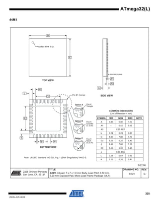 335
2503N–AVR–06/08
ATmega32(L)
44M1
2325 Orchard Parkway
San Jose, CA 95131
TITLE DRAWING NO.
R
REV.
44M1, 44-pad, 7 x 7 x 1.0 mm Body, Lead Pitch 0.50 mm, G44M1
5/27/06
COMMON DIMENSIONS
(Unit of Measure = mm)
SYMBOL MIN NOM MAX NOTE
A 0.80 0.90 1.00
A1 – 0.02 0.05
A3 0.25 REF
b 0.18 0.23 0.30
D
D2 5.00 5.20 5.40
6.90 7.00 7.10
6.90 7.00 7.10
E
E2 5.00 5.20 5.40
e 0.50 BSC
L 0.59 0.64 0.69
K 0.20 0.26 0.41
Note: JEDEC Standard MO-220, Fig. 1 (SAW Singulation) VKKD-3.
TOP VIEW
SIDE VIEW
BOTTOM VIEW
D
E
Marked Pin# 1 ID
E2
D2
b e
Pin #1 Corner
L
A1
A3
A
SEATING PLANE
Pin #1
Triangle
Pin #1
Chamfer
(C 0.30)
Option A
Option B
Pin #1
Notch
(0.20 R)
Option C
K
K
1
2
3
5.20 mm Exposed Pad, Micro Lead Frame Package (MLF)
 