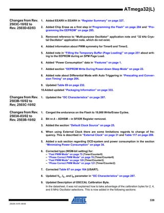 339
2503N–AVR–06/08
ATmega32(L)
Changes from Rev.
2503C-10/02 to
Rev. 2503D-02/03
1. Added EEAR9 in EEARH in “Register Summary” on page 327.
2. Added Chip Erase as a first step in“Programming the Flash” on page 284 and “Pro-
gramming the EEPROM” on page 285.
3. Removed reference to “Multi-purpose Oscillator” application note and “32 kHz Crys-
tal Oscillator” application note, which do not exist.
4. Added information about PWM symmetry for Timer0 and Timer2.
5. Added note in “Filling the Temporary Buffer (Page Loading)” on page 251 about writ-
ing to the EEPROM during an SPM Page Load.
6. Added “Power Consumption” data in “Features” on page 1.
7. Added section “EEPROM Write During Power-down Sleep Mode” on page 22.
8. Added note about Differential Mode with Auto Triggering in “Prescaling and Conver-
sion Timing” on page 204.
9. Updated Table 89 on page 232.
10.Added updated “Packaging Information” on page 333.
Changes from Rev.
2503B-10/02 to
Rev. 2503C-10/02
1. Updated the “DC Characteristics” on page 287.
Changes from Rev.
2503A-03/02 to
Rev. 2503B-10/02
1. Canged the endurance on the Flash to 10,000 Write/Erase Cycles.
2. Bit nr.4 – ADHSM – in SFIOR Register removed.
3. Added the section “Default Clock Source” on page 25.
4. When using External Clock there are some limitations regards to change of fre-
quency. This is described in “External Clock” on page 31 and Table 117 on page 289.
5. Added a sub section regarding OCD-system and power consumption in the section
“Minimizing Power Consumption” on page 34.
6. Corrected typo (WGM-bit setting) for:
– “Fast PWM Mode” on page 75 (Timer/Counter0)
– “Phase Correct PWM Mode” on page 76 (Timer/Counter0)
– “Fast PWM Mode” on page 120 (Timer/Counter2)
– “Phase Correct PWM Mode” on page 121 (Timer/Counter2)
7. Corrected Table 67 on page 164 (USART).
8. Updated VIL, IIL, and IIH parameter in “DC Characteristics” on page 287.
9. Updated Description of OSCCAL Calibration Byte.
In the datasheet, it was not explained how to take advantage of the calibration bytes for 2, 4,
and 8 MHz Oscillator selections. This is now added in the following sections:
 