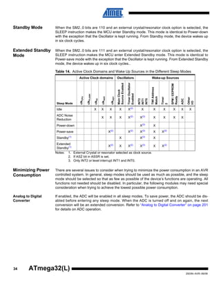 34
2503N–AVR–06/08
ATmega32(L)
Standby Mode When the SM2..0 bits are 110 and an external crystal/resonator clock option is selected, the
SLEEP instruction makes the MCU enter Standby mode. This mode is identical to Power-down
with the exception that the Oscillator is kept running. From Standby mode, the device wakes up
in six clock cycles.
Extended Standby
Mode
When the SM2..0 bits are 111 and an external crystal/resonator clock option is selected, the
SLEEP instruction makes the MCU enter Extended Standby mode. This mode is identical to
Power-save mode with the exception that the Oscillator is kept running. From Extended Standby
mode, the device wakes up in six clock cycles..
Notes: 1. External Crystal or resonator selected as clock source.
2. If AS2 bit in ASSR is set.
3. Only INT2 or level interrupt INT1 and INT0.
Minimizing Power
Consumption
There are several issues to consider when trying to minimize the power consumption in an AVR
controlled system. In general, sleep modes should be used as much as possible, and the sleep
mode should be selected so that as few as possible of the device’s functions are operating. All
functions not needed should be disabled. In particular, the following modules may need special
consideration when trying to achieve the lowest possible power consumption.
Analog to Digital
Converter
If enabled, the ADC will be enabled in all sleep modes. To save power, the ADC should be dis-
abled before entering any sleep mode. When the ADC is turned off and on again, the next
conversion will be an extended conversion. Refer to “Analog to Digital Converter” on page 201
for details on ADC operation.
Table 14. Active Clock Domains and Wake Up Sources in the Different Sleep Modes
Active Clock domains Oscillators Wake-up Sources
Sleep Mode
clkCPU
clkFLASH
clkIO
clkADC
clkASY
MainClock
SourceEnabled
TimerOscillator
Enabled
INT2
INT1
INT0
TWIAddress
Match
Timer
2
SPM/EEPROM
Ready
ADC
Other
I/O
Idle X X X X X(2)
X X X X X X
ADC Noise
Reduction
X X X X(2)
X(3)
X X X X
Power-down X(3)
X
Power-save X(2)
X(2)
X(3)
X X(2)
Standby(1)
X X(3)
X
Extended
Standby(1) X(2)
X X(2)
X(3)
X X(2)
 