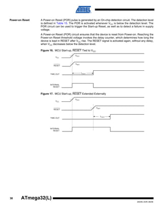 38
2503N–AVR–06/08
ATmega32(L)
Power-on Reset A Power-on Reset (POR) pulse is generated by an On-chip detection circuit. The detection level
is defined in Table 15. The POR is activated whenever VCC is below the detection level. The
POR circuit can be used to trigger the Start-up Reset, as well as to detect a failure in supply
voltage.
A Power-on Reset (POR) circuit ensures that the device is reset from Power-on. Reaching the
Power-on Reset threshold voltage invokes the delay counter, which determines how long the
device is kept in RESET after VCC rise. The RESET signal is activated again, without any delay,
when VCC decreases below the detection level.
Figure 16. MCU Start-up, RESET Tied to VCC.
Figure 17. MCU Start-up, RESET Extended Externally
V
RESET
TIME-OUT
INTERNAL
RESET
tTOUT
VPOT
VRST
CC
RESET
TIME-OUT
INTERNAL
RESET
tTOUT
VPOT
VRST
VCC
 
