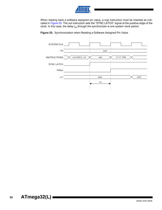 52
2503N–AVR–06/08
ATmega32(L)
When reading back a software assigned pin value, a nop instruction must be inserted as indi-
cated in Figure 25. The out instruction sets the “SYNC LATCH” signal at the positive edge of the
clock. In this case, the delay tpd through the synchronizer is one system clock period.
Figure 25. Synchronization when Reading a Software Assigned Pin Value
nop in r17, PINx
0xFF
0x00 0xFF
tpd
out PORTx, r16
SYSTEM CLK
r16
INSTRUCTIONS
SYNC LATCH
PINxn
r17
 