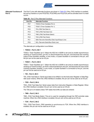 60
2503N–AVR–06/08
ATmega32(L)
Alternate Functions of
Port C
The Port C pins with alternate functions are shown in Table 28. If the JTAG interface is enabled,
the pull-up resistors on pins PC5(TDI), PC3(TMS) and PC2(TCK) will be activated even if a reset
occurs.
The alternate pin configuration is as follows:
• TOSC2 – Port C, Bit 7
TOSC2, Timer Oscillator pin 2: When the AS2 bit in ASSR is set (one) to enable asynchronous
clocking of Timer/Counter2, pin PC7 is disconnected from the port, and becomes the inverting
output of the Oscillator amplifier. In this mode, a Crystal Oscillator is connected to this pin, and
the pin can not be used as an I/O pin.
• TOSC1 – Port C, Bit 6
TOSC1, Timer Oscillator pin 1: When the AS2 bit in ASSR is set (one) to enable asynchronous
clocking of Timer/Counter2, pin PC6 is disconnected from the port, and becomes the input of the
inverting Oscillator amplifier. In this mode, a Crystal Oscillator is connected to this pin, and the
pin can not be used as an I/O pin.
• TDI – Port C, Bit 5
TDI, JTAG Test Data In: Serial input data to be shifted in to the Instruction Register or Data Reg-
ister (scan chains). When the JTAG interface is enabled, this pin can not be used as an I/O pin.
• TDO – Port C, Bit 4
TDO, JTAG Test Data Out: Serial output data from Instruction Register or Data Register. When
the JTAG interface is enabled, this pin can not be used as an I/O pin.
The TD0 pin is tri-stated unless TAP states that shifts out data are entered.
• TMS – Port C, Bit 3
TMS, JTAG Test Mode Select: This pin is used for navigating through the TAP-controller state
machine. When the JTAG interface is enabled, this pin can not be used as an I/O pin.
• TCK – Port C, Bit 2
TCK, JTAG Test Clock: JTAG operation is synchronous to TCK. When the JTAG interface is
enabled, this pin can not be used as an I/O pin.
Table 28. Port C Pins Alternate Functions
Port Pin Alternate Function
PC7 TOSC2 (Timer Oscillator Pin 2)
PC6 TOSC1 (Timer Oscillator Pin 1)
PC5 TDI (JTAG Test Data In)
PC4 TDO (JTAG Test Data Out)
PC3 TMS (JTAG Test Mode Select)
PC2 TCK (JTAG Test Clock)
PC1 SDA (Two-wire Serial Bus Data Input/Output Line)
PC0 SCL (Two-wire Serial Bus Clock Line)
 
