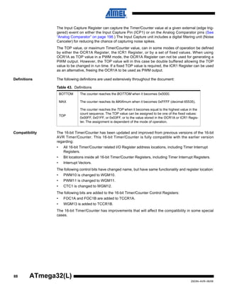 88
2503N–AVR–06/08
ATmega32(L)
The Input Capture Register can capture the Timer/Counter value at a given external (edge trig-
gered) event on either the Input Capture Pin (ICP1) or on the Analog Comparator pins (See
“Analog Comparator” on page 198.) The Input Capture unit includes a digital filtering unit (Noise
Canceler) for reducing the chance of capturing noise spikes.
The TOP value, or maximum Timer/Counter value, can in some modes of operation be defined
by either the OCR1A Register, the ICR1 Register, or by a set of fixed values. When using
OCR1A as TOP value in a PWM mode, the OCR1A Register can not be used for generating a
PWM output. However, the TOP value will in this case be double buffered allowing the TOP
value to be changed in run time. If a fixed TOP value is required, the ICR1 Register can be used
as an alternative, freeing the OCR1A to be used as PWM output.
Definitions The following definitions are used extensively throughout the document:
Compatibility The 16-bit Timer/Counter has been updated and improved from previous versions of the 16-bit
AVR Timer/Counter. This 16-bit Timer/Counter is fully compatible with the earlier version
regarding:
• All 16-bit Timer/Counter related I/O Register address locations, including Timer Interrupt
Registers.
• Bit locations inside all 16-bit Timer/Counter Registers, including Timer Interrupt Registers.
• Interrupt Vectors.
The following control bits have changed name, but have same functionality and register location:
• PWM10 is changed to WGM10.
• PWM11 is changed to WGM11.
• CTC1 is changed to WGM12.
The following bits are added to the 16-bit Timer/Counter Control Registers:
• FOC1A and FOC1B are added to TCCR1A.
• WGM13 is added to TCCR1B.
The 16-bit Timer/Counter has improvements that will affect the compatibility in some special
cases.
Table 43. Definitions
BOTTOM The counter reaches the BOTTOM when it becomes 0x0000.
MAX The counter reaches its MAXimum when it becomes 0xFFFF (decimal 65535).
TOP
The counter reaches the TOP when it becomes equal to the highest value in the
count sequence. The TOP value can be assigned to be one of the fixed values:
0x00FF, 0x01FF, or 0x03FF, or to the value stored in the OCR1A or ICR1 Regis-
ter. The assignment is dependent of the mode of operation.
 