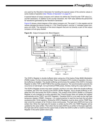 95
2503N–AVR–06/08
ATmega32(L)
are used by the Waveform Generator for handling the special cases of the extreme values in
some modes of operation (See “Modes of Operation” on page 97.)
A special feature of output compare unit A allows it to define the Timer/Counter TOP value (i.e.,
counter resolution). In addition to the counter resolution, the TOP value defines the period time
for waveforms generated by the Waveform Generator.
Figure 43 shows a block diagram of the output compare unit. The small “n” in the register and bit
names indicates the device number (n = 1 for Timer/Counter1), and the “x” indicates output com-
pare unit (A/B). The elements of the block diagram that are not directly a part of the output
compare unit are gray shaded.
Figure 43. Output Compare Unit, Block Diagram
The OCR1x Register is double buffered when using any of the twelve Pulse Width Modulation
(PWM) modes. For the normal and Clear Timer on Compare (CTC) modes of operation, the dou-
ble buffering is disabled. The double buffering synchronizes the update of the OCR1x Compare
Register to either TOP or BOTTOM of the counting sequence. The synchronization prevents the
occurrence of odd-length, non-symmetrical PWM pulses, thereby making the output glitch-free.
The OCR1x Register access may seem complex, but this is not case. When the double buffering
is enabled, the CPU has access to the OCR1x Buffer Register, and if double buffering is dis-
abled the CPU will access the OCR1x directly. The content of the OCR1x (Buffer or Compare)
Register is only changed by a write operation (the Timer/Counter does not update this register
automatically as the TCNT1 and ICR1 Register). Therefore OCR1x is not read via the high byte
temporary register (TEMP). However, it is a good practice to read the low byte first as when
accessing other 16-bit registers. Writing the OCR1x Registers must be done via the TEMP Reg-
ister since the compare of all 16 bits is done continuously. The high byte (OCR1xH) has to be
written first. When the high byte I/O location is written by the CPU, the TEMP Register will be
updated by the value written. Then when the low byte (OCR1xL) is written to the lower eight bits,
the high byte will be copied into the upper 8-bits of either the OCR1x buffer or OCR1x Compare
Register in the same system clock cycle.
OCFnx (Int.Req.)
= (16-bit Comparator )
OCRnx Buffer (16-bit Register)
OCRnxH Buf. (8-bit)
OCnx
TEMP (8-bit)
DATA BUS (8-bit)
OCRnxL Buf. (8-bit)
TCNTn (16-bit Counter)
TCNTnH (8-bit) TCNTnL (8-bit)
COMnx1:0WGMn3:0
OCRnx (16-bit Register)
OCRnxH (8-bit) OCRnxL (8-bit)
Waveform Generator
TOP
BOTTOM
 