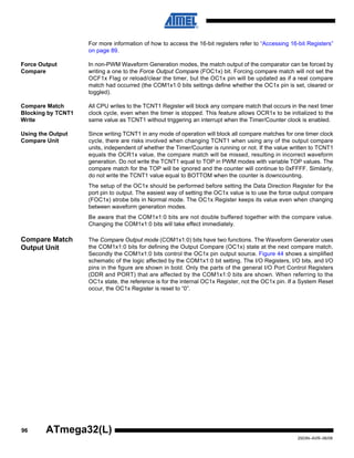 96
2503N–AVR–06/08
ATmega32(L)
For more information of how to access the 16-bit registers refer to “Accessing 16-bit Registers”
on page 89.
Force Output
Compare
In non-PWM Waveform Generation modes, the match output of the comparator can be forced by
writing a one to the Force Output Compare (FOC1x) bit. Forcing compare match will not set the
OCF1x Flag or reload/clear the timer, but the OC1x pin will be updated as if a real compare
match had occurred (the COM1x1:0 bits settings define whether the OC1x pin is set, cleared or
toggled).
Compare Match
Blocking by TCNT1
Write
All CPU writes to the TCNT1 Register will block any compare match that occurs in the next timer
clock cycle, even when the timer is stopped. This feature allows OCR1x to be initialized to the
same value as TCNT1 without triggering an interrupt when the Timer/Counter clock is enabled.
Using the Output
Compare Unit
Since writing TCNT1 in any mode of operation will block all compare matches for one timer clock
cycle, there are risks involved when changing TCNT1 when using any of the output compare
units, independent of whether the Timer/Counter is running or not. If the value written to TCNT1
equals the OCR1x value, the compare match will be missed, resulting in incorrect waveform
generation. Do not write the TCNT1 equal to TOP in PWM modes with variable TOP values. The
compare match for the TOP will be ignored and the counter will continue to 0xFFFF. Similarly,
do not write the TCNT1 value equal to BOTTOM when the counter is downcounting.
The setup of the OC1x should be performed before setting the Data Direction Register for the
port pin to output. The easiest way of setting the OC1x value is to use the force output compare
(FOC1x) strobe bits in Normal mode. The OC1x Register keeps its value even when changing
between waveform generation modes.
Be aware that the COM1x1:0 bits are not double buffered together with the compare value.
Changing the COM1x1:0 bits will take effect immediately.
Compare Match
Output Unit
The Compare Output mode (COM1x1:0) bits have two functions. The Waveform Generator uses
the COM1x1:0 bits for defining the Output Compare (OC1x) state at the next compare match.
Secondly the COM1x1:0 bits control the OC1x pin output source. Figure 44 shows a simplified
schematic of the logic affected by the COM1x1:0 bit setting. The I/O Registers, I/O bits, and I/O
pins in the figure are shown in bold. Only the parts of the general I/O Port Control Registers
(DDR and PORT) that are affected by the COM1x1:0 bits are shown. When referring to the
OC1x state, the reference is for the internal OC1x Register, not the OC1x pin. If a System Reset
occur, the OC1x Register is reset to “0”.
 