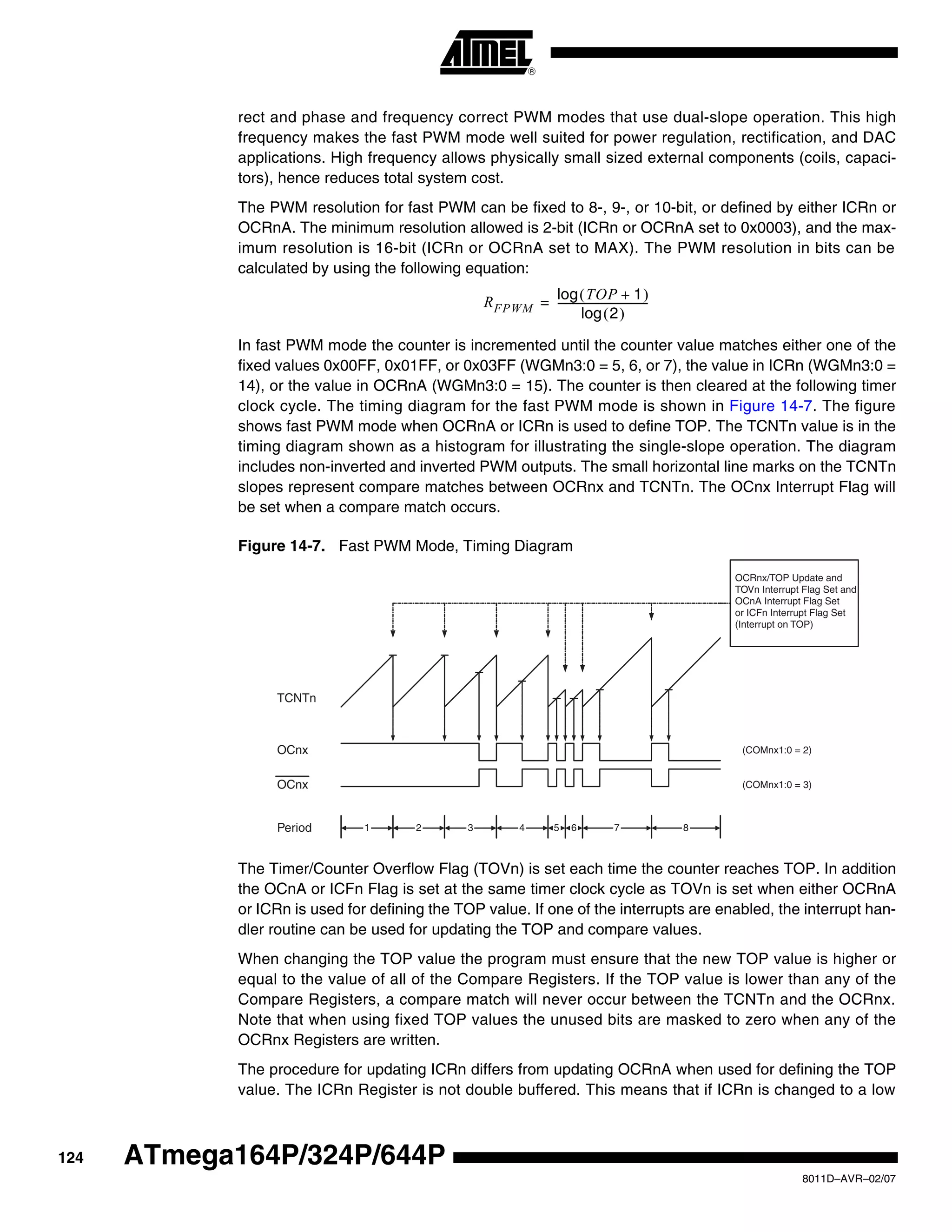 124
8011D–AVR–02/07
ATmega164P/324P/644P
rect and phase and frequency correct PWM modes that use dual-slope operation. This high
frequency makes the fast PWM mode well suited for power regulation, rectification, and DAC
applications. High frequency allows physically small sized external components (coils, capaci-
tors), hence reduces total system cost.
The PWM resolution for fast PWM can be fixed to 8-, 9-, or 10-bit, or defined by either ICRn or
OCRnA. The minimum resolution allowed is 2-bit (ICRn or OCRnA set to 0x0003), and the max-
imum resolution is 16-bit (ICRn or OCRnA set to MAX). The PWM resolution in bits can be
calculated by using the following equation:
In fast PWM mode the counter is incremented until the counter value matches either one of the
fixed values 0x00FF, 0x01FF, or 0x03FF (WGMn3:0 = 5, 6, or 7), the value in ICRn (WGMn3:0 =
14), or the value in OCRnA (WGMn3:0 = 15). The counter is then cleared at the following timer
clock cycle. The timing diagram for the fast PWM mode is shown in Figure 14-7. The figure
shows fast PWM mode when OCRnA or ICRn is used to define TOP. The TCNTn value is in the
timing diagram shown as a histogram for illustrating the single-slope operation. The diagram
includes non-inverted and inverted PWM outputs. The small horizontal line marks on the TCNTn
slopes represent compare matches between OCRnx and TCNTn. The OCnx Interrupt Flag will
be set when a compare match occurs.
Figure 14-7. Fast PWM Mode, Timing Diagram
The Timer/Counter Overflow Flag (TOVn) is set each time the counter reaches TOP. In addition
the OCnA or ICFn Flag is set at the same timer clock cycle as TOVn is set when either OCRnA
or ICRn is used for defining the TOP value. If one of the interrupts are enabled, the interrupt han-
dler routine can be used for updating the TOP and compare values.
When changing the TOP value the program must ensure that the new TOP value is higher or
equal to the value of all of the Compare Registers. If the TOP value is lower than any of the
Compare Registers, a compare match will never occur between the TCNTn and the OCRnx.
Note that when using fixed TOP values the unused bits are masked to zero when any of the
OCRnx Registers are written.
The procedure for updating ICRn differs from updating OCRnA when used for defining the TOP
value. The ICRn Register is not double buffered. This means that if ICRn is changed to a low
RFPWM
TOP 1+( )log
2( )log
-----------------------------------=
TCNTn
OCRnx/TOP Update and
TOVn Interrupt Flag Set and
OCnA Interrupt Flag Set
or ICFn Interrupt Flag Set
(Interrupt on TOP)
1 7Period 2 3 4 5 6 8
OCnx
OCnx
(COMnx1:0 = 2)
(COMnx1:0 = 3)
 