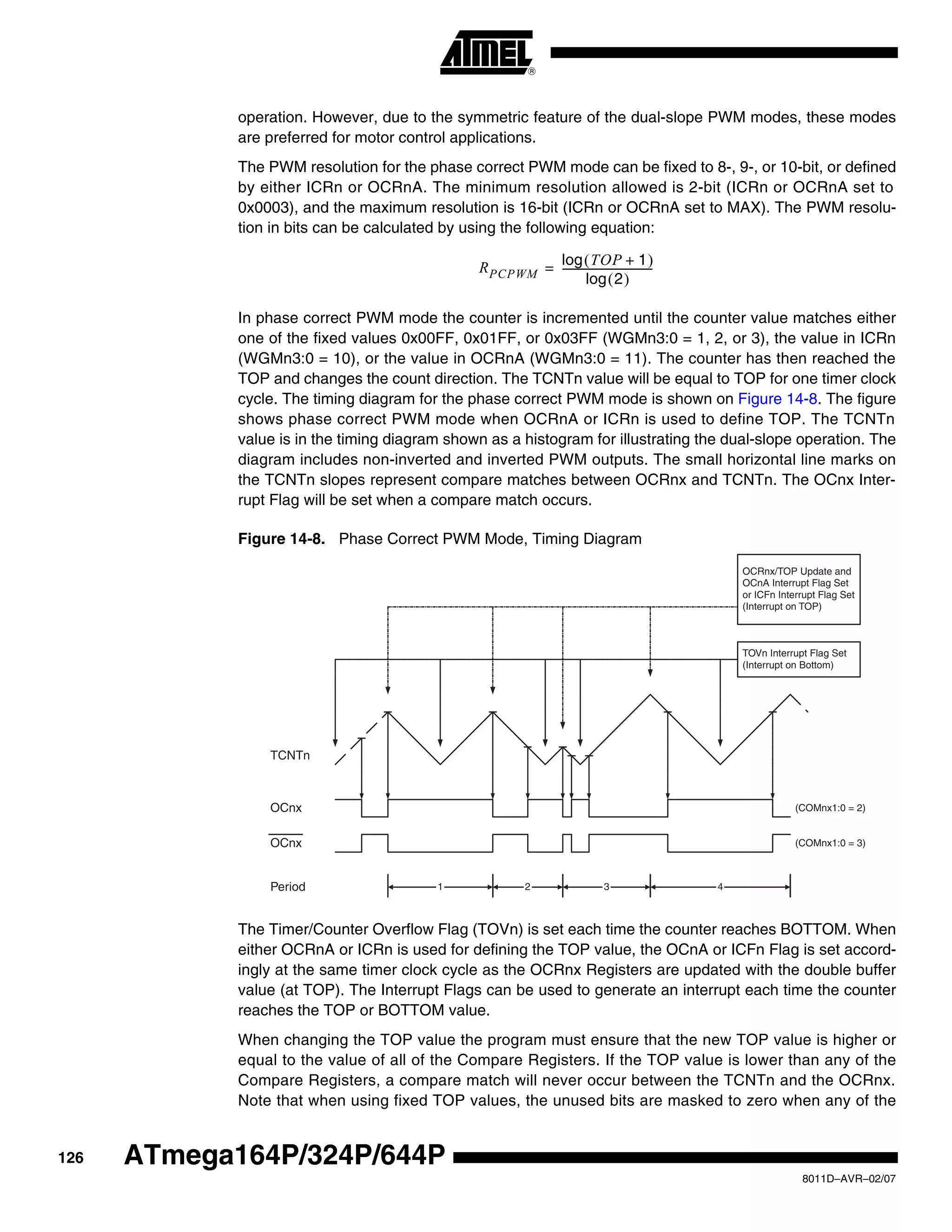 126
8011D–AVR–02/07
ATmega164P/324P/644P
operation. However, due to the symmetric feature of the dual-slope PWM modes, these modes
are preferred for motor control applications.
The PWM resolution for the phase correct PWM mode can be fixed to 8-, 9-, or 10-bit, or defined
by either ICRn or OCRnA. The minimum resolution allowed is 2-bit (ICRn or OCRnA set to
0x0003), and the maximum resolution is 16-bit (ICRn or OCRnA set to MAX). The PWM resolu-
tion in bits can be calculated by using the following equation:
In phase correct PWM mode the counter is incremented until the counter value matches either
one of the fixed values 0x00FF, 0x01FF, or 0x03FF (WGMn3:0 = 1, 2, or 3), the value in ICRn
(WGMn3:0 = 10), or the value in OCRnA (WGMn3:0 = 11). The counter has then reached the
TOP and changes the count direction. The TCNTn value will be equal to TOP for one timer clock
cycle. The timing diagram for the phase correct PWM mode is shown on Figure 14-8. The figure
shows phase correct PWM mode when OCRnA or ICRn is used to define TOP. The TCNTn
value is in the timing diagram shown as a histogram for illustrating the dual-slope operation. The
diagram includes non-inverted and inverted PWM outputs. The small horizontal line marks on
the TCNTn slopes represent compare matches between OCRnx and TCNTn. The OCnx Inter-
rupt Flag will be set when a compare match occurs.
Figure 14-8. Phase Correct PWM Mode, Timing Diagram
The Timer/Counter Overflow Flag (TOVn) is set each time the counter reaches BOTTOM. When
either OCRnA or ICRn is used for defining the TOP value, the OCnA or ICFn Flag is set accord-
ingly at the same timer clock cycle as the OCRnx Registers are updated with the double buffer
value (at TOP). The Interrupt Flags can be used to generate an interrupt each time the counter
reaches the TOP or BOTTOM value.
When changing the TOP value the program must ensure that the new TOP value is higher or
equal to the value of all of the Compare Registers. If the TOP value is lower than any of the
Compare Registers, a compare match will never occur between the TCNTn and the OCRnx.
Note that when using fixed TOP values, the unused bits are masked to zero when any of the
RPCPWM
TOP 1+( )log
2( )log
-----------------------------------=
OCRnx/TOP Update and
OCnA Interrupt Flag Set
or ICFn Interrupt Flag Set
(Interrupt on TOP)
1 2 3 4
TOVn Interrupt Flag Set
(Interrupt on Bottom)
TCNTn
Period
OCnx
OCnx
(COMnx1:0 = 2)
(COMnx1:0 = 3)
 