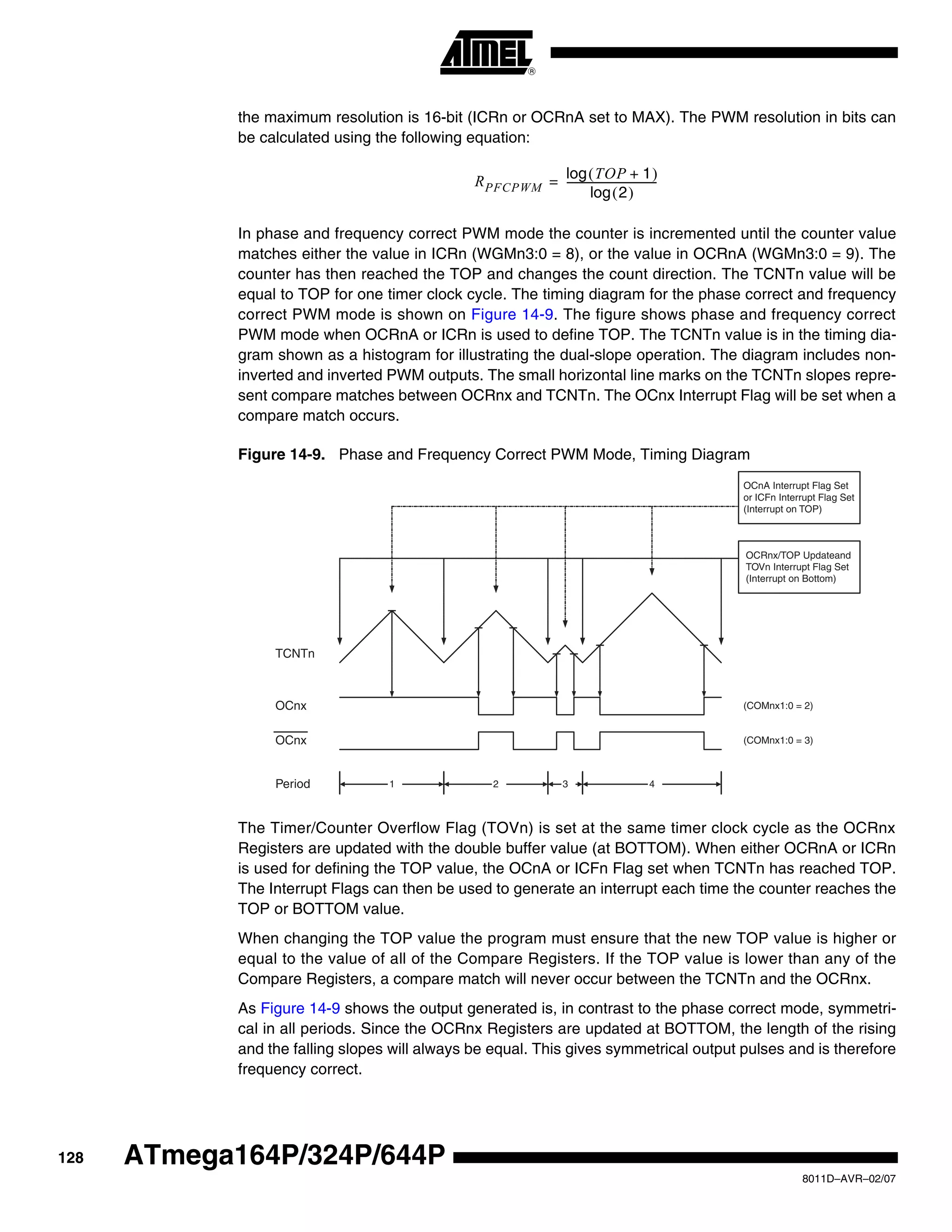128
8011D–AVR–02/07
ATmega164P/324P/644P
the maximum resolution is 16-bit (ICRn or OCRnA set to MAX). The PWM resolution in bits can
be calculated using the following equation:
In phase and frequency correct PWM mode the counter is incremented until the counter value
matches either the value in ICRn (WGMn3:0 = 8), or the value in OCRnA (WGMn3:0 = 9). The
counter has then reached the TOP and changes the count direction. The TCNTn value will be
equal to TOP for one timer clock cycle. The timing diagram for the phase correct and frequency
correct PWM mode is shown on Figure 14-9. The figure shows phase and frequency correct
PWM mode when OCRnA or ICRn is used to define TOP. The TCNTn value is in the timing dia-
gram shown as a histogram for illustrating the dual-slope operation. The diagram includes non-
inverted and inverted PWM outputs. The small horizontal line marks on the TCNTn slopes repre-
sent compare matches between OCRnx and TCNTn. The OCnx Interrupt Flag will be set when a
compare match occurs.
Figure 14-9. Phase and Frequency Correct PWM Mode, Timing Diagram
The Timer/Counter Overflow Flag (TOVn) is set at the same timer clock cycle as the OCRnx
Registers are updated with the double buffer value (at BOTTOM). When either OCRnA or ICRn
is used for defining the TOP value, the OCnA or ICFn Flag set when TCNTn has reached TOP.
The Interrupt Flags can then be used to generate an interrupt each time the counter reaches the
TOP or BOTTOM value.
When changing the TOP value the program must ensure that the new TOP value is higher or
equal to the value of all of the Compare Registers. If the TOP value is lower than any of the
Compare Registers, a compare match will never occur between the TCNTn and the OCRnx.
As Figure 14-9 shows the output generated is, in contrast to the phase correct mode, symmetri-
cal in all periods. Since the OCRnx Registers are updated at BOTTOM, the length of the rising
and the falling slopes will always be equal. This gives symmetrical output pulses and is therefore
frequency correct.
RPFCPWM
TOP 1+( )log
2( )log
-----------------------------------=
OCRnx/TOP Updateand
TOVn Interrupt Flag Set
(Interrupt on Bottom)
OCnA Interrupt Flag Set
or ICFn Interrupt Flag Set
(Interrupt on TOP)
1 2 3 4
TCNTn
Period
OCnx
OCnx
(COMnx1:0 = 2)
(COMnx1:0 = 3)
 