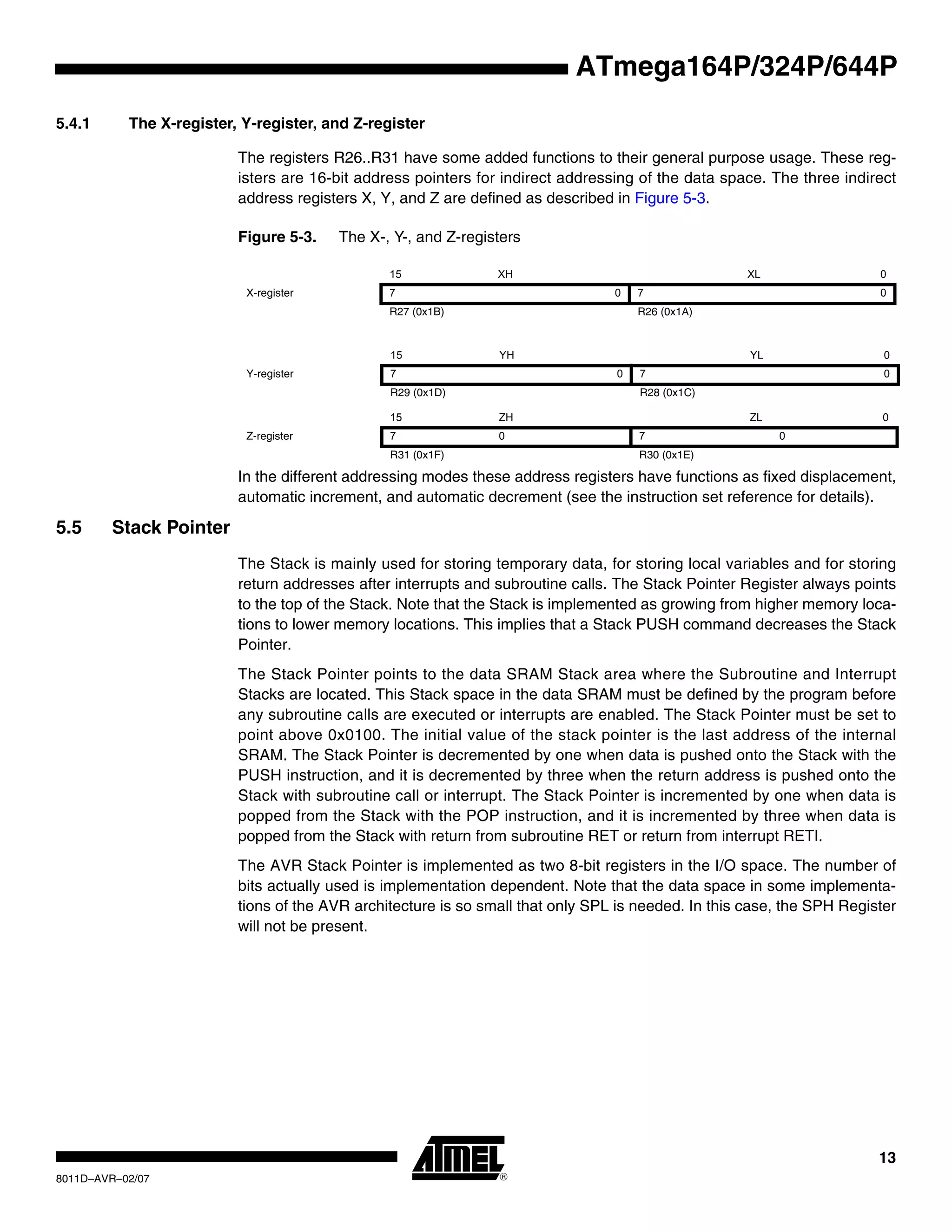13
8011D–AVR–02/07
ATmega164P/324P/644P
5.4.1 The X-register, Y-register, and Z-register
The registers R26..R31 have some added functions to their general purpose usage. These reg-
isters are 16-bit address pointers for indirect addressing of the data space. The three indirect
address registers X, Y, and Z are defined as described in Figure 5-3.
Figure 5-3. The X-, Y-, and Z-registers
In the different addressing modes these address registers have functions as fixed displacement,
automatic increment, and automatic decrement (see the instruction set reference for details).
5.5 Stack Pointer
The Stack is mainly used for storing temporary data, for storing local variables and for storing
return addresses after interrupts and subroutine calls. The Stack Pointer Register always points
to the top of the Stack. Note that the Stack is implemented as growing from higher memory loca-
tions to lower memory locations. This implies that a Stack PUSH command decreases the Stack
Pointer.
The Stack Pointer points to the data SRAM Stack area where the Subroutine and Interrupt
Stacks are located. This Stack space in the data SRAM must be defined by the program before
any subroutine calls are executed or interrupts are enabled. The Stack Pointer must be set to
point above 0x0100. The initial value of the stack pointer is the last address of the internal
SRAM. The Stack Pointer is decremented by one when data is pushed onto the Stack with the
PUSH instruction, and it is decremented by three when the return address is pushed onto the
Stack with subroutine call or interrupt. The Stack Pointer is incremented by one when data is
popped from the Stack with the POP instruction, and it is incremented by three when data is
popped from the Stack with return from subroutine RET or return from interrupt RETI.
The AVR Stack Pointer is implemented as two 8-bit registers in the I/O space. The number of
bits actually used is implementation dependent. Note that the data space in some implementa-
tions of the AVR architecture is so small that only SPL is needed. In this case, the SPH Register
will not be present.
15 XH XL 0
X-register 7 0 7 0
R27 (0x1B) R26 (0x1A)
15 YH YL 0
Y-register 7 0 7 0
R29 (0x1D) R28 (0x1C)
15 ZH ZL 0
Z-register 7 0 7 0
R31 (0x1F) R30 (0x1E)
 