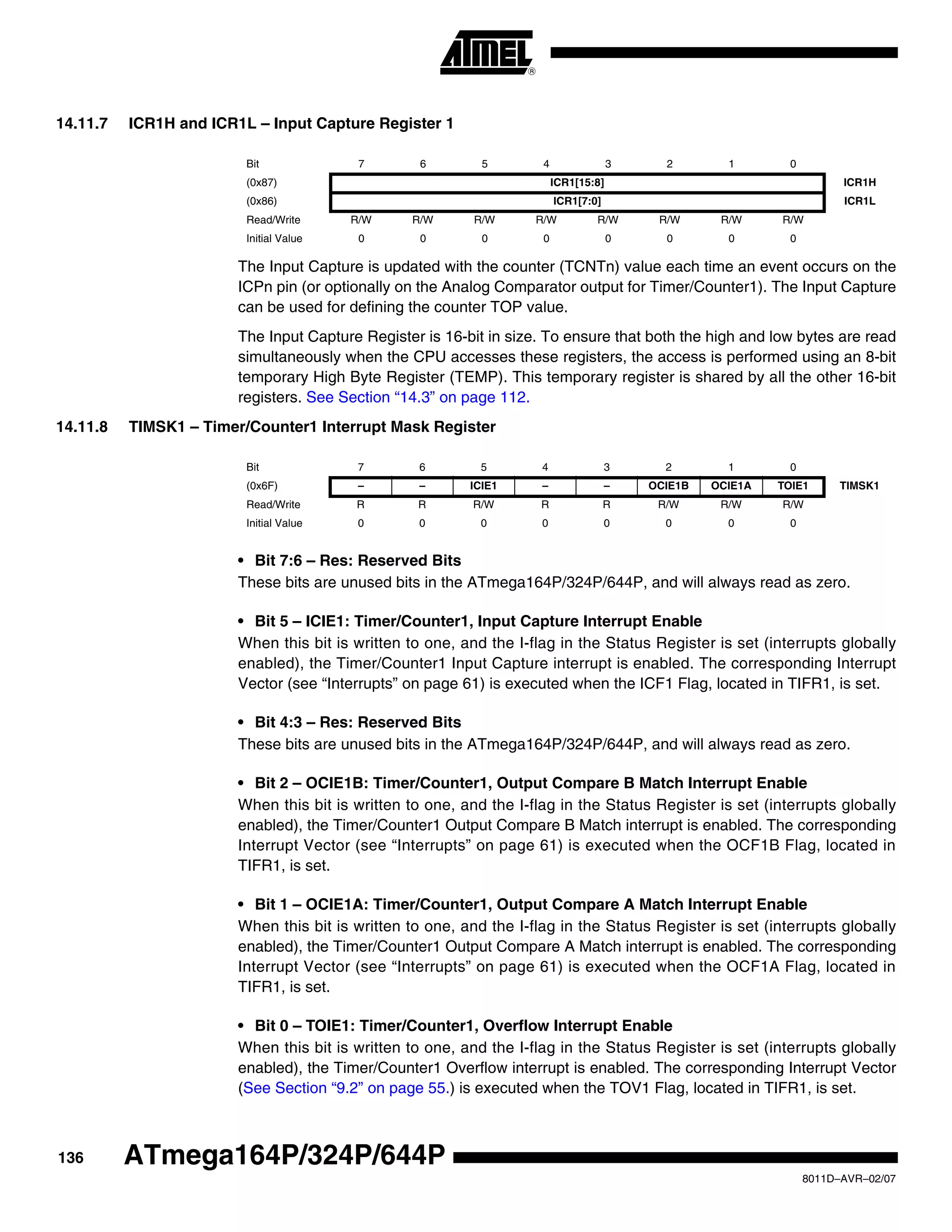 136
8011D–AVR–02/07
ATmega164P/324P/644P
14.11.7 ICR1H and ICR1L – Input Capture Register 1
The Input Capture is updated with the counter (TCNTn) value each time an event occurs on the
ICPn pin (or optionally on the Analog Comparator output for Timer/Counter1). The Input Capture
can be used for defining the counter TOP value.
The Input Capture Register is 16-bit in size. To ensure that both the high and low bytes are read
simultaneously when the CPU accesses these registers, the access is performed using an 8-bit
temporary High Byte Register (TEMP). This temporary register is shared by all the other 16-bit
registers. See Section “14.3” on page 112.
14.11.8 TIMSK1 – Timer/Counter1 Interrupt Mask Register
• Bit 7:6 – Res: Reserved Bits
These bits are unused bits in the ATmega164P/324P/644P, and will always read as zero.
• Bit 5 – ICIE1: Timer/Counter1, Input Capture Interrupt Enable
When this bit is written to one, and the I-flag in the Status Register is set (interrupts globally
enabled), the Timer/Counter1 Input Capture interrupt is enabled. The corresponding Interrupt
Vector (see “Interrupts” on page 61) is executed when the ICF1 Flag, located in TIFR1, is set.
• Bit 4:3 – Res: Reserved Bits
These bits are unused bits in the ATmega164P/324P/644P, and will always read as zero.
• Bit 2 – OCIE1B: Timer/Counter1, Output Compare B Match Interrupt Enable
When this bit is written to one, and the I-flag in the Status Register is set (interrupts globally
enabled), the Timer/Counter1 Output Compare B Match interrupt is enabled. The corresponding
Interrupt Vector (see “Interrupts” on page 61) is executed when the OCF1B Flag, located in
TIFR1, is set.
• Bit 1 – OCIE1A: Timer/Counter1, Output Compare A Match Interrupt Enable
When this bit is written to one, and the I-flag in the Status Register is set (interrupts globally
enabled), the Timer/Counter1 Output Compare A Match interrupt is enabled. The corresponding
Interrupt Vector (see “Interrupts” on page 61) is executed when the OCF1A Flag, located in
TIFR1, is set.
• Bit 0 – TOIE1: Timer/Counter1, Overflow Interrupt Enable
When this bit is written to one, and the I-flag in the Status Register is set (interrupts globally
enabled), the Timer/Counter1 Overflow interrupt is enabled. The corresponding Interrupt Vector
(See Section “9.2” on page 55.) is executed when the TOV1 Flag, located in TIFR1, is set.
Bit 7 6 5 4 3 2 1 0
(0x87) ICR1[15:8] ICR1H
(0x86) ICR1[7:0] ICR1L
Read/Write R/W R/W R/W R/W R/W R/W R/W R/W
Initial Value 0 0 0 0 0 0 0 0
Bit 7 6 5 4 3 2 1 0
(0x6F) – – ICIE1 – – OCIE1B OCIE1A TOIE1 TIMSK1
Read/Write R R R/W R R R/W R/W R/W
Initial Value 0 0 0 0 0 0 0 0
 