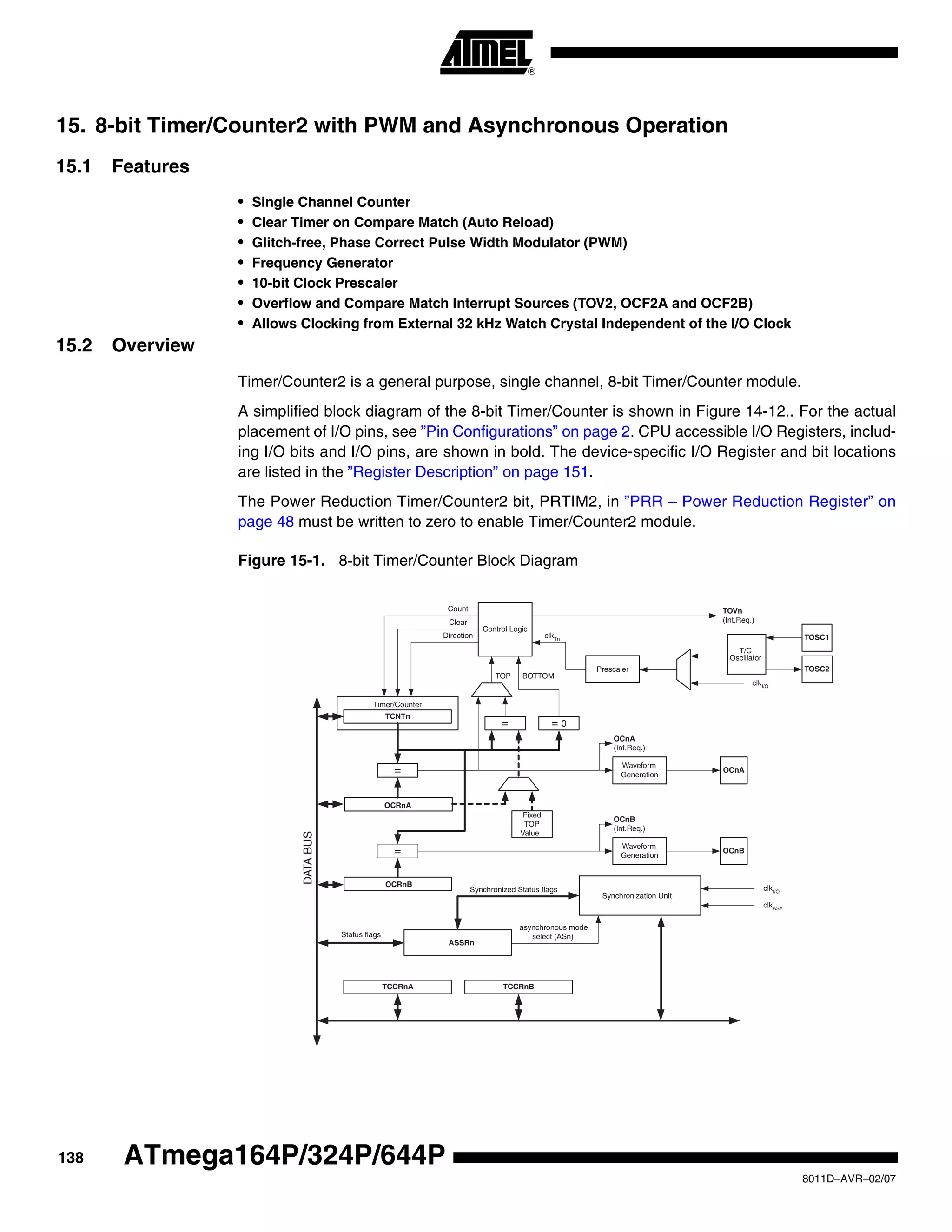138
8011D–AVR–02/07
ATmega164P/324P/644P
15. 8-bit Timer/Counter2 with PWM and Asynchronous Operation
15.1 Features
• Single Channel Counter
• Clear Timer on Compare Match (Auto Reload)
• Glitch-free, Phase Correct Pulse Width Modulator (PWM)
• Frequency Generator
• 10-bit Clock Prescaler
• Overflow and Compare Match Interrupt Sources (TOV2, OCF2A and OCF2B)
• Allows Clocking from External 32 kHz Watch Crystal Independent of the I/O Clock
15.2 Overview
Timer/Counter2 is a general purpose, single channel, 8-bit Timer/Counter module.
A simplified block diagram of the 8-bit Timer/Counter is shown in Figure 14-12.. For the actual
placement of I/O pins, see ”Pin Configurations” on page 2. CPU accessible I/O Registers, includ-
ing I/O bits and I/O pins, are shown in bold. The device-specific I/O Register and bit locations
are listed in the ”Register Description” on page 151.
The Power Reduction Timer/Counter2 bit, PRTIM2, in ”PRR – Power Reduction Register” on
page 48 must be written to zero to enable Timer/Counter2 module.
Figure 15-1. 8-bit Timer/Counter Block Diagram
Timer/Counter
DATABUS
OCRnA
OCRnB
=
=
TCNTn
Waveform
Generation
Waveform
Generation
OCnA
OCnB
=
Fixed
TOP
Value
Control Logic
= 0
TOP BOTTOM
Count
Clear
Direction
TOVn
(Int.Req.)
OCnA
(Int.Req.)
OCnB
(Int.Req.)
TCCRnA TCCRnB
clkTn
ASSRn
Synchronization Unit
Prescaler
T/C
Oscillator
clkI/O
clkASY
asynchronous mode
select (ASn)
Synchronized Status flags
TOSC1
TOSC2
Status flags
clkI/O
 