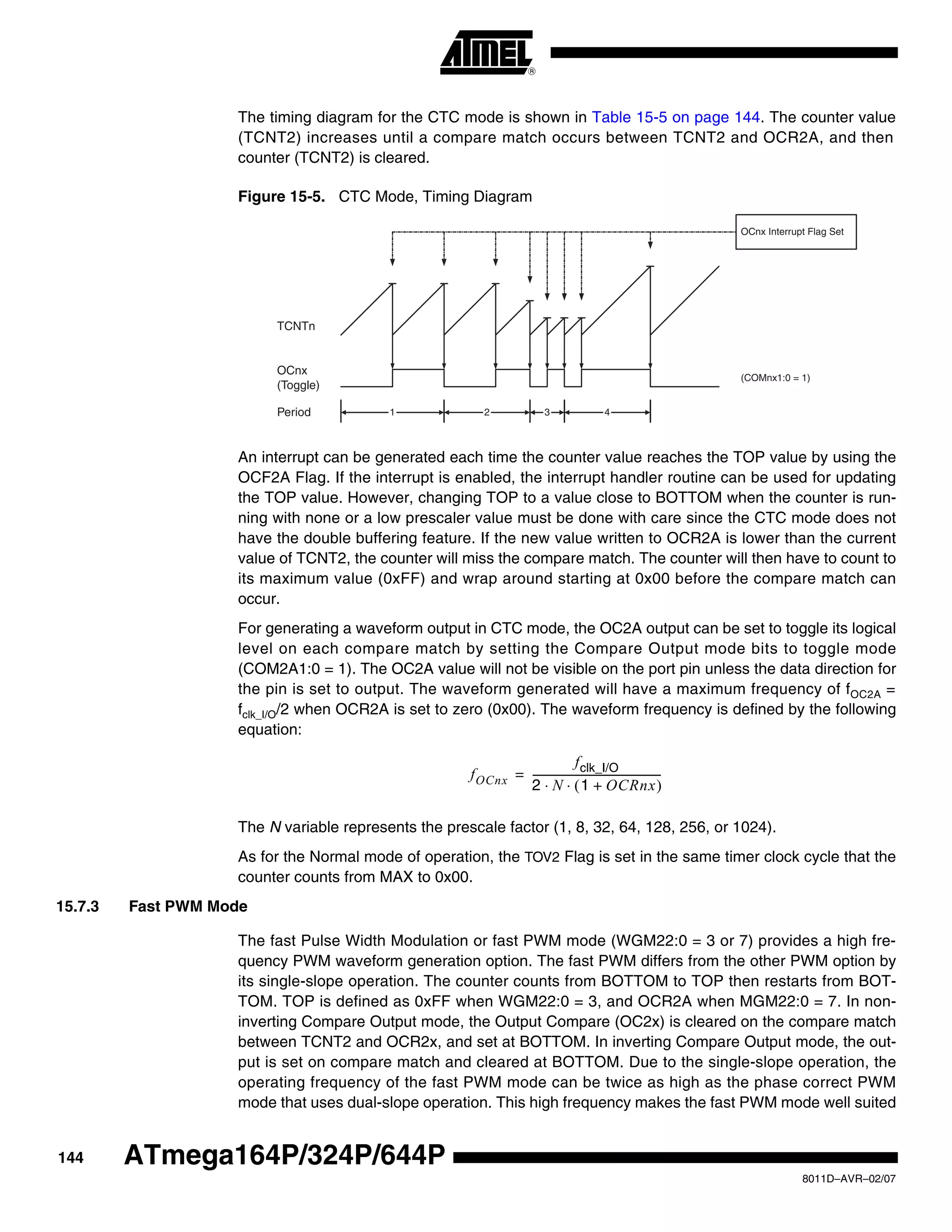 144
8011D–AVR–02/07
ATmega164P/324P/644P
The timing diagram for the CTC mode is shown in Table 15-5 on page 144. The counter value
(TCNT2) increases until a compare match occurs between TCNT2 and OCR2A, and then
counter (TCNT2) is cleared.
Figure 15-5. CTC Mode, Timing Diagram
An interrupt can be generated each time the counter value reaches the TOP value by using the
OCF2A Flag. If the interrupt is enabled, the interrupt handler routine can be used for updating
the TOP value. However, changing TOP to a value close to BOTTOM when the counter is run-
ning with none or a low prescaler value must be done with care since the CTC mode does not
have the double buffering feature. If the new value written to OCR2A is lower than the current
value of TCNT2, the counter will miss the compare match. The counter will then have to count to
its maximum value (0xFF) and wrap around starting at 0x00 before the compare match can
occur.
For generating a waveform output in CTC mode, the OC2A output can be set to toggle its logical
level on each compare match by setting the Compare Output mode bits to toggle mode
(COM2A1:0 = 1). The OC2A value will not be visible on the port pin unless the data direction for
the pin is set to output. The waveform generated will have a maximum frequency of fOC2A =
fclk_I/O/2 when OCR2A is set to zero (0x00). The waveform frequency is defined by the following
equation:
The N variable represents the prescale factor (1, 8, 32, 64, 128, 256, or 1024).
As for the Normal mode of operation, the TOV2 Flag is set in the same timer clock cycle that the
counter counts from MAX to 0x00.
15.7.3 Fast PWM Mode
The fast Pulse Width Modulation or fast PWM mode (WGM22:0 = 3 or 7) provides a high fre-
quency PWM waveform generation option. The fast PWM differs from the other PWM option by
its single-slope operation. The counter counts from BOTTOM to TOP then restarts from BOT-
TOM. TOP is defined as 0xFF when WGM22:0 = 3, and OCR2A when MGM22:0 = 7. In non-
inverting Compare Output mode, the Output Compare (OC2x) is cleared on the compare match
between TCNT2 and OCR2x, and set at BOTTOM. In inverting Compare Output mode, the out-
put is set on compare match and cleared at BOTTOM. Due to the single-slope operation, the
operating frequency of the fast PWM mode can be twice as high as the phase correct PWM
mode that uses dual-slope operation. This high frequency makes the fast PWM mode well suited
TCNTn
OCnx
(Toggle)
OCnx Interrupt Flag Set
1 4Period 2 3
(COMnx1:0 = 1)
fOCnx
fclk_I/O
2 N 1 OCRnx+( )⋅ ⋅
--------------------------------------------------=
 